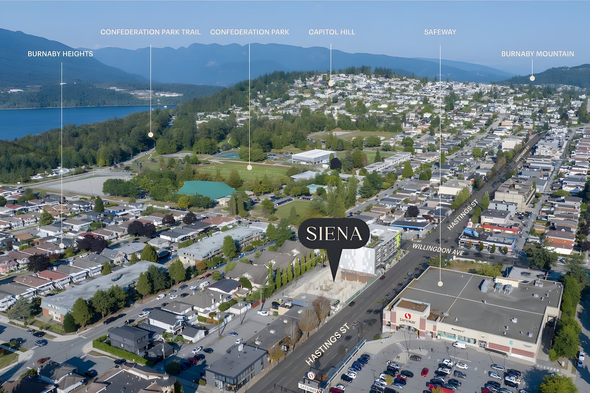 Aerial neighbourhood map highlighting Siena Burnaby at 4451 Hastings Street by Landa Global Properties in Burnabyโs Vancouver Heights neighbourhood. Nearby landmarks include Hastings Street