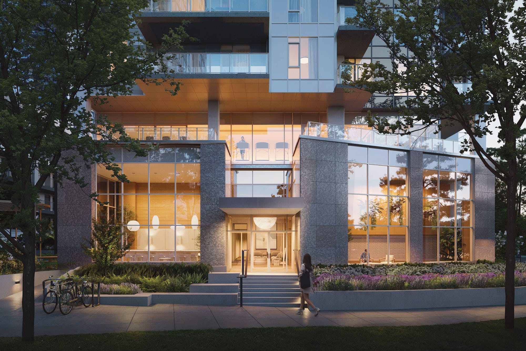 Exterior view of the main lobby entrance at Soco Two Coquitlam presale development by Anthem located at 311 Alderson Ave in Coquitlam’s Maillardville neighbourhood
