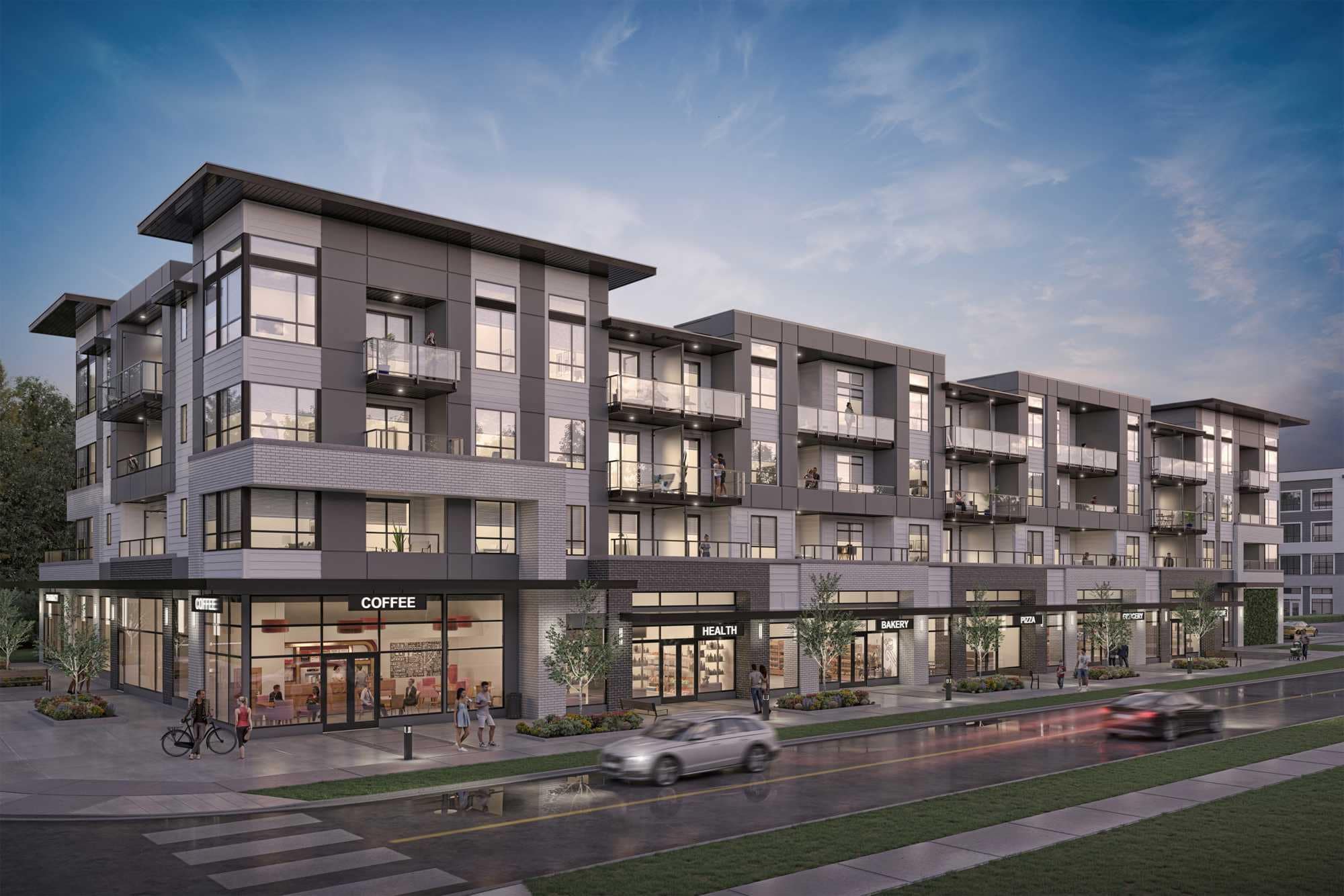 Street-level retail and residential building at Amson Bloc Surrey by Amson Group featuring shops, cafes, and modern condos above along 144 Street in Panorama Ridge Surrey at 5937 144 Street