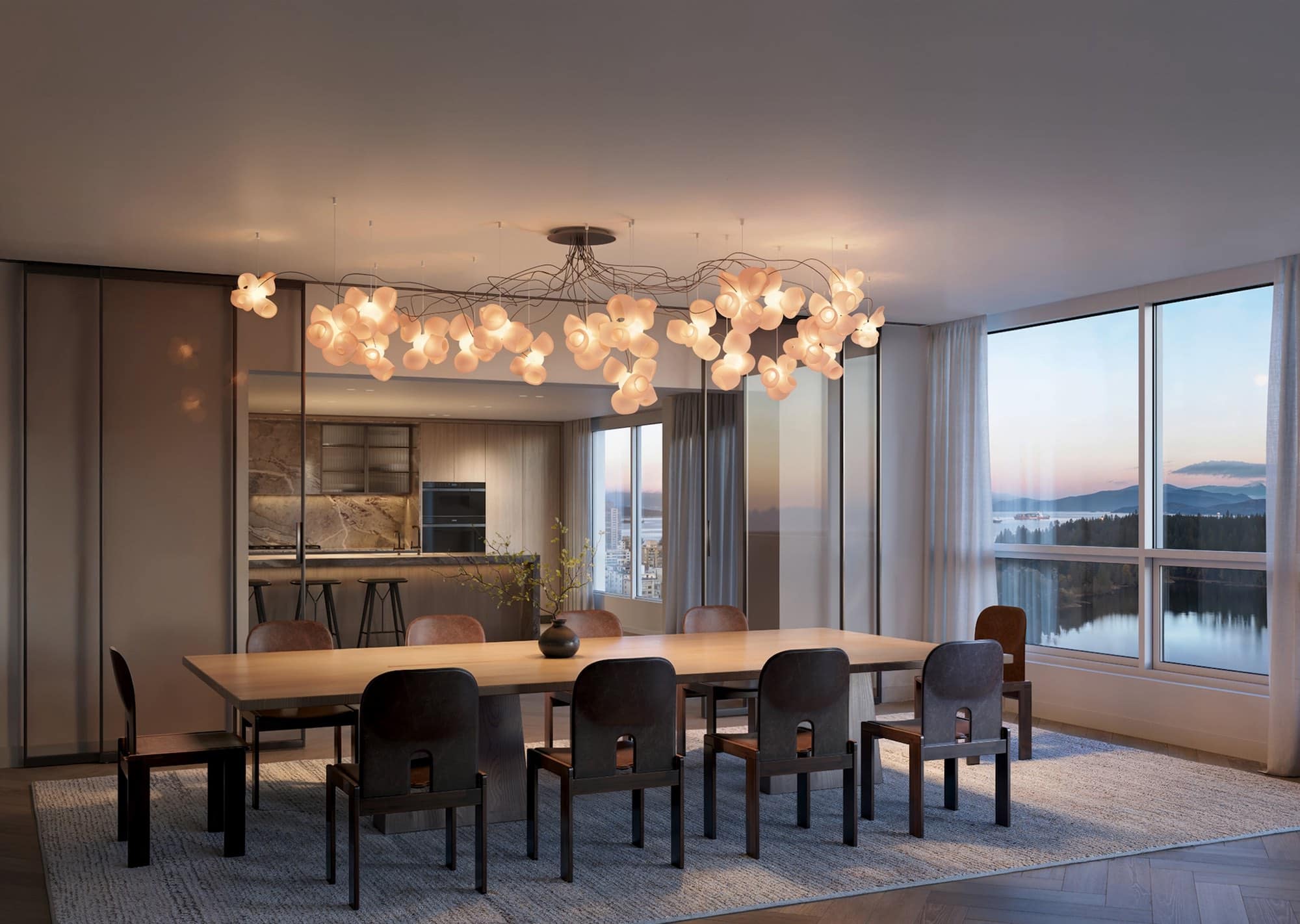 Contemporary dining room with designer lighting at 1818 Alberni Vancouver