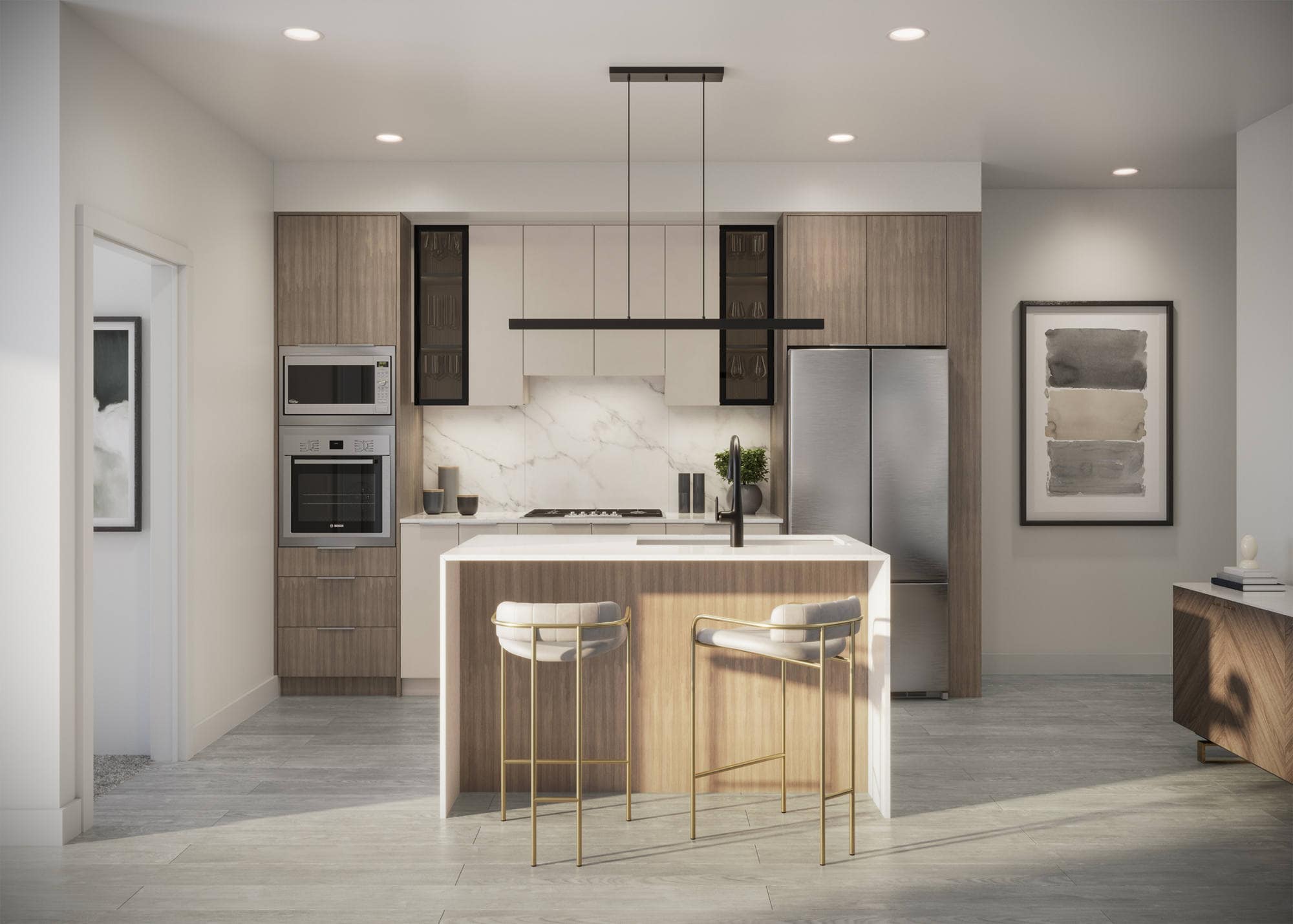 Modern kitchen interior at Amson Bloc Surrey featuring darker wood cabinetry, marble backsplash, island seating, and premium appliances at 5937 144 Street Panorama Ridge by Amson Group
