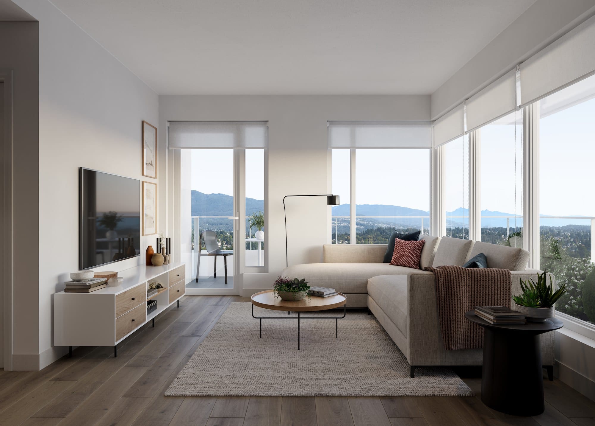Bright living room at Band Coquitlam with floor-to-ceiling windows