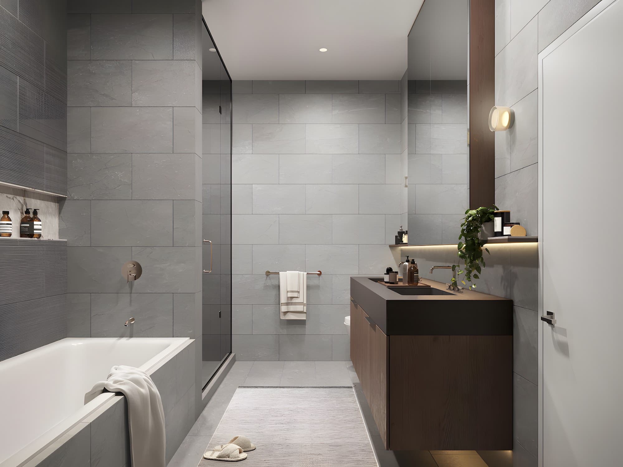 modern bathroom with double vanity and walk-in shower at Ashleigh Oakridge Vancouver