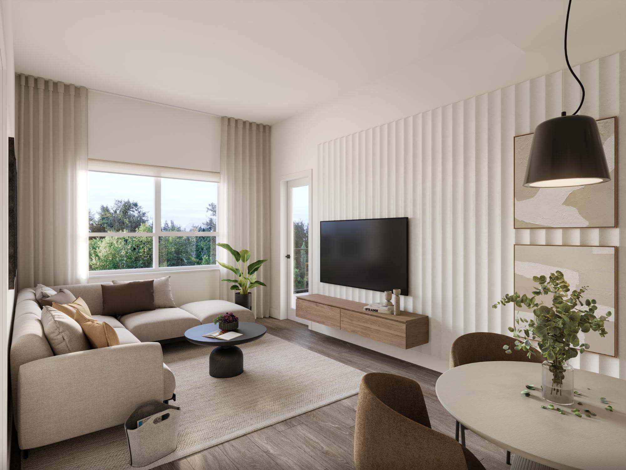 Interior living area at Eden Langley showcasing modern finishes, seating area, and natural light from large windows in Willoughby condos