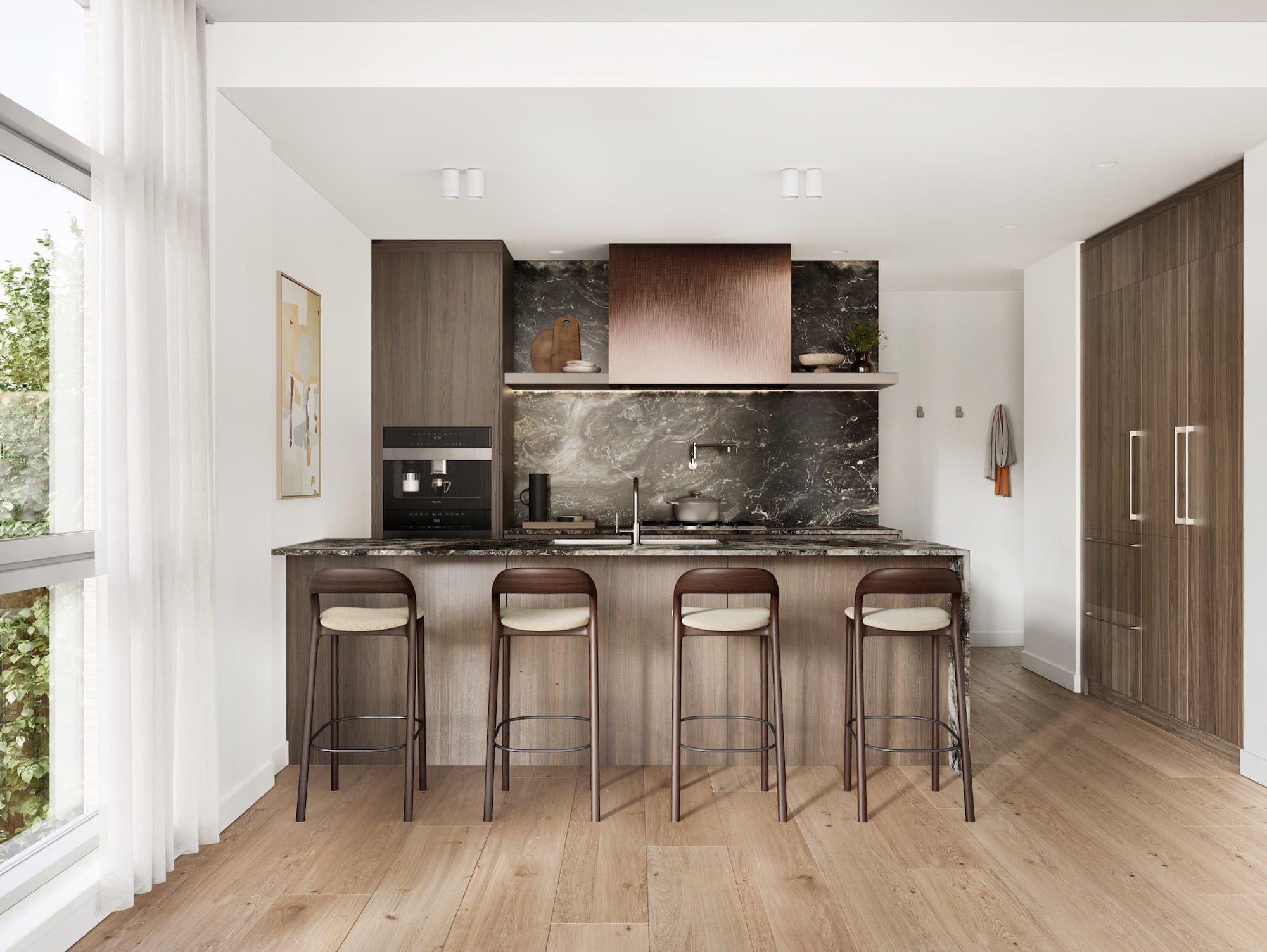 dark kitchen palette with marble accents at Ashleigh Oakridge Vancouver