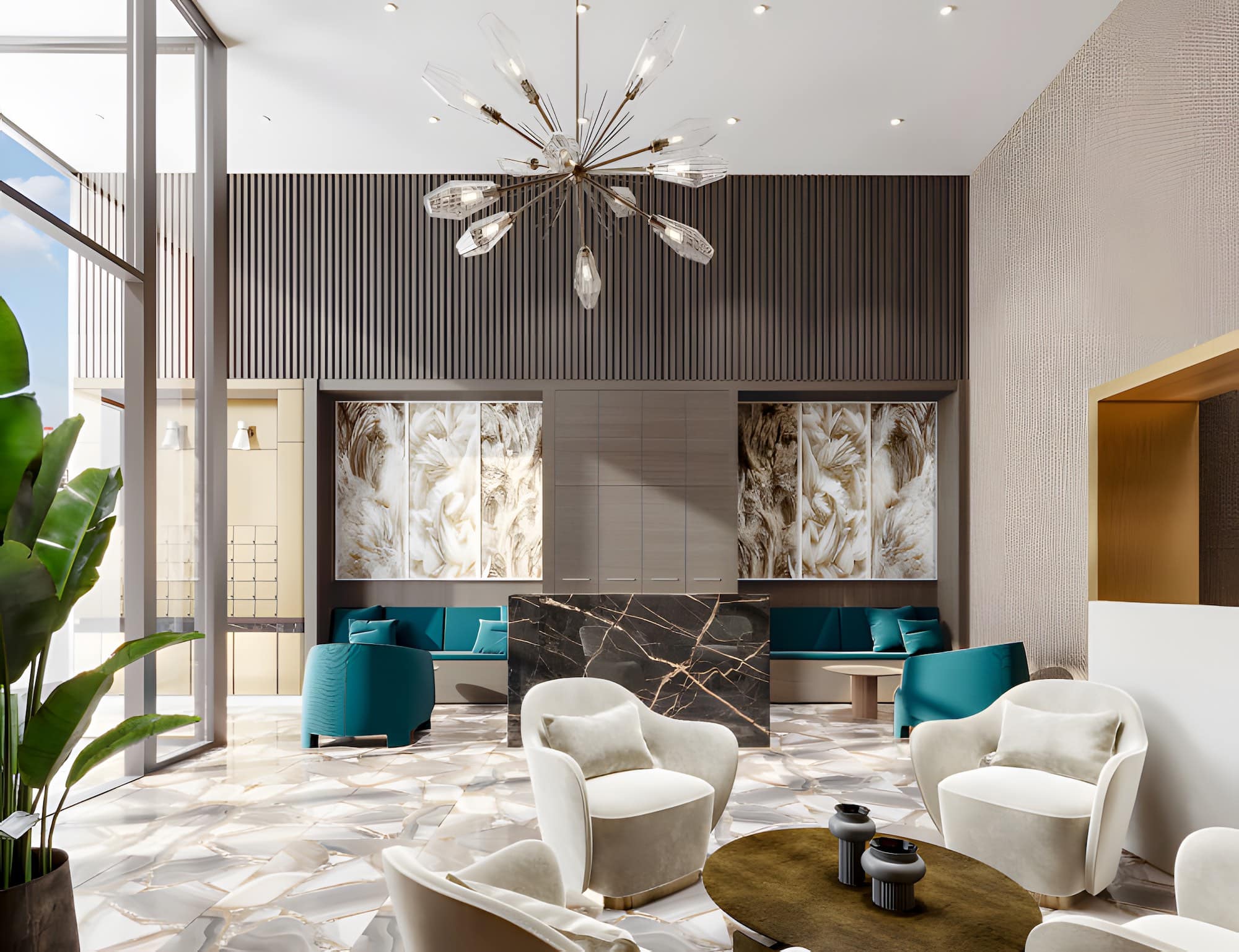 Elegant lobby with modern chandelier and lounge seating at Italia by Solterra Vancouver