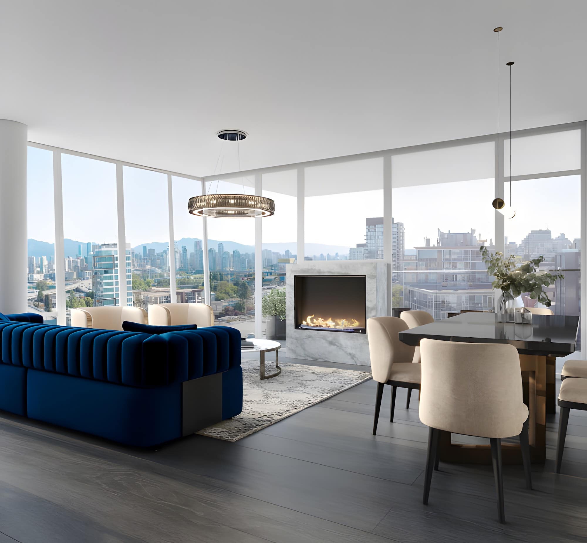 Living room with marble fireplace and city views at Italia by Solterra Vancouver
