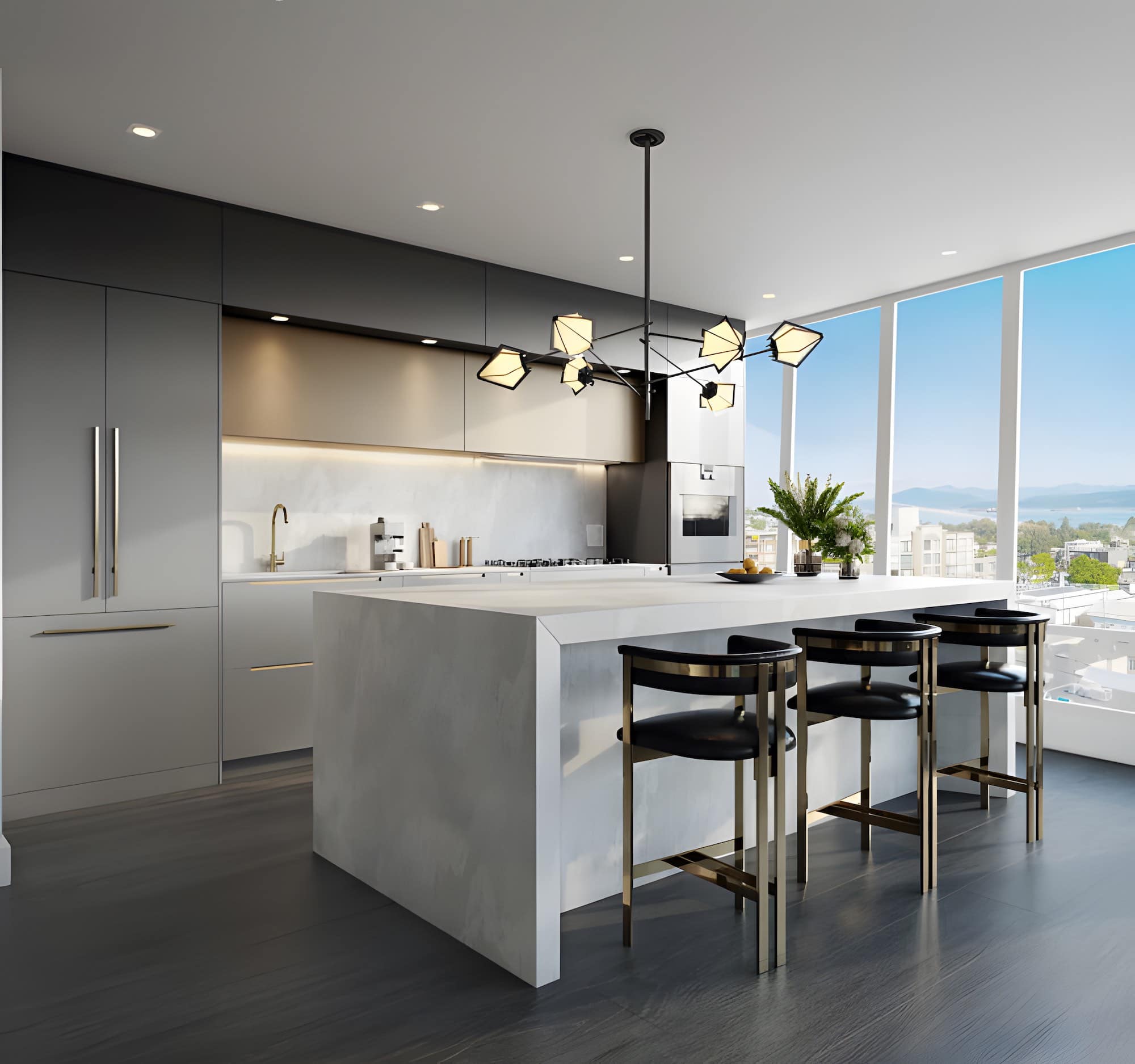 Modern kitchen with island and ocean views at Italia by Solterra Vancouver