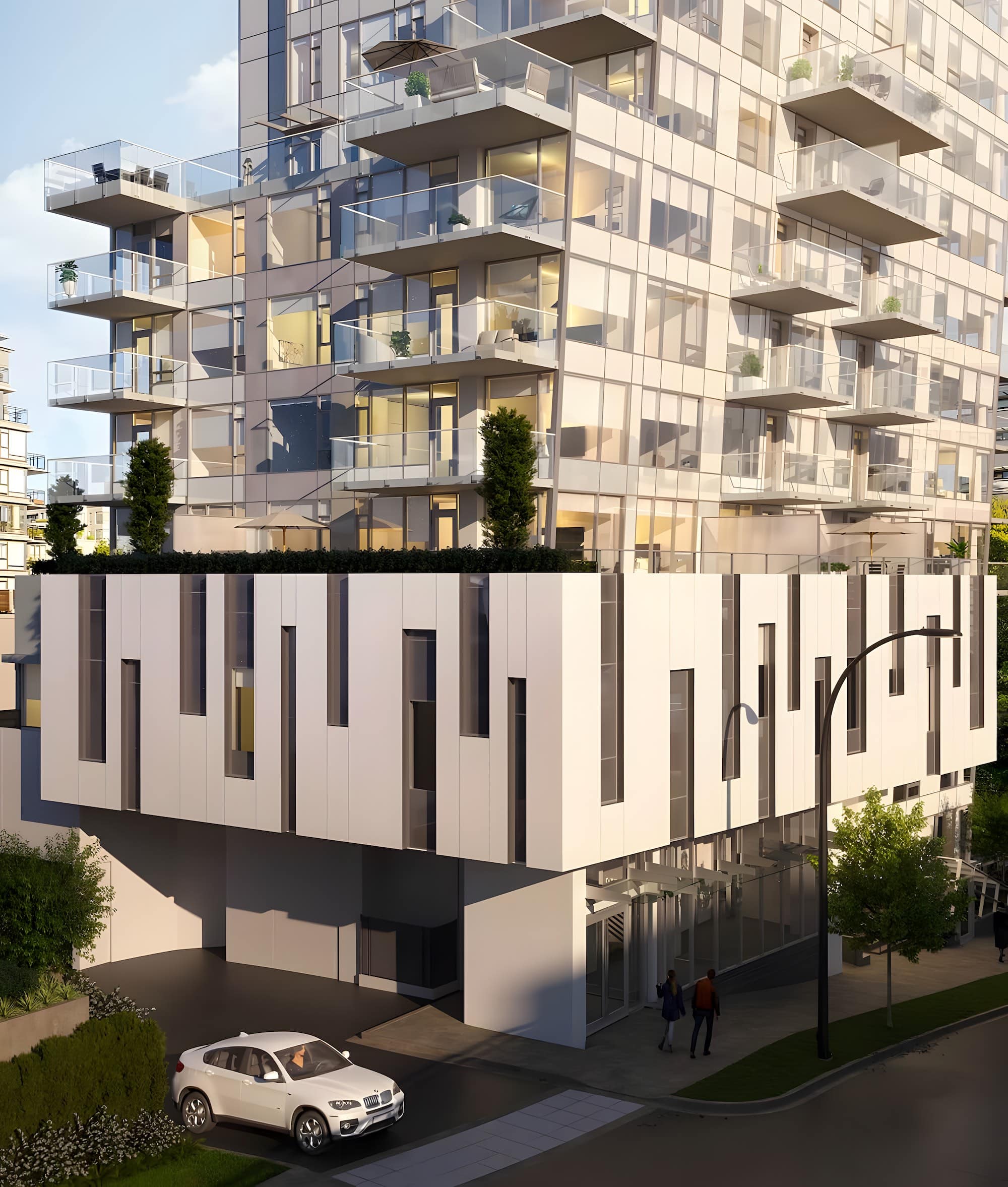 Modern exterior architecture with glass balconies at Italia by Solterra Vancouver