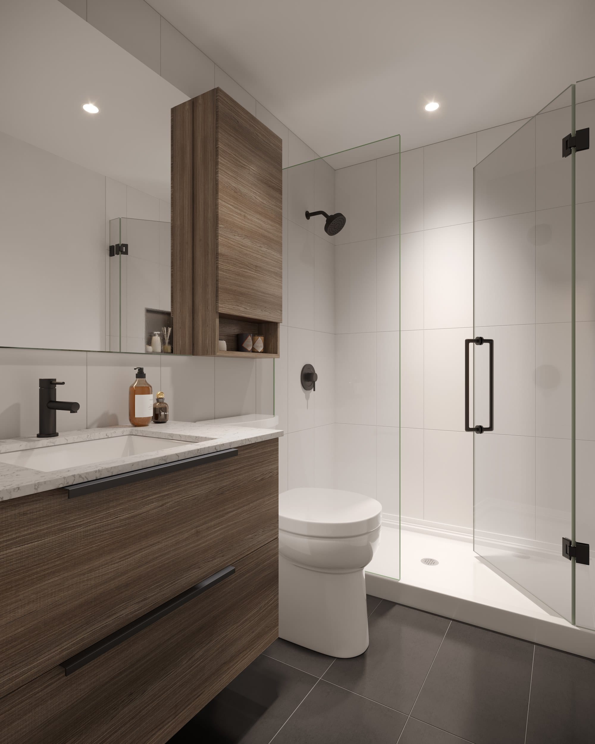 Contemporary bathroom at Band Coquitlam with glass shower and wood vanity