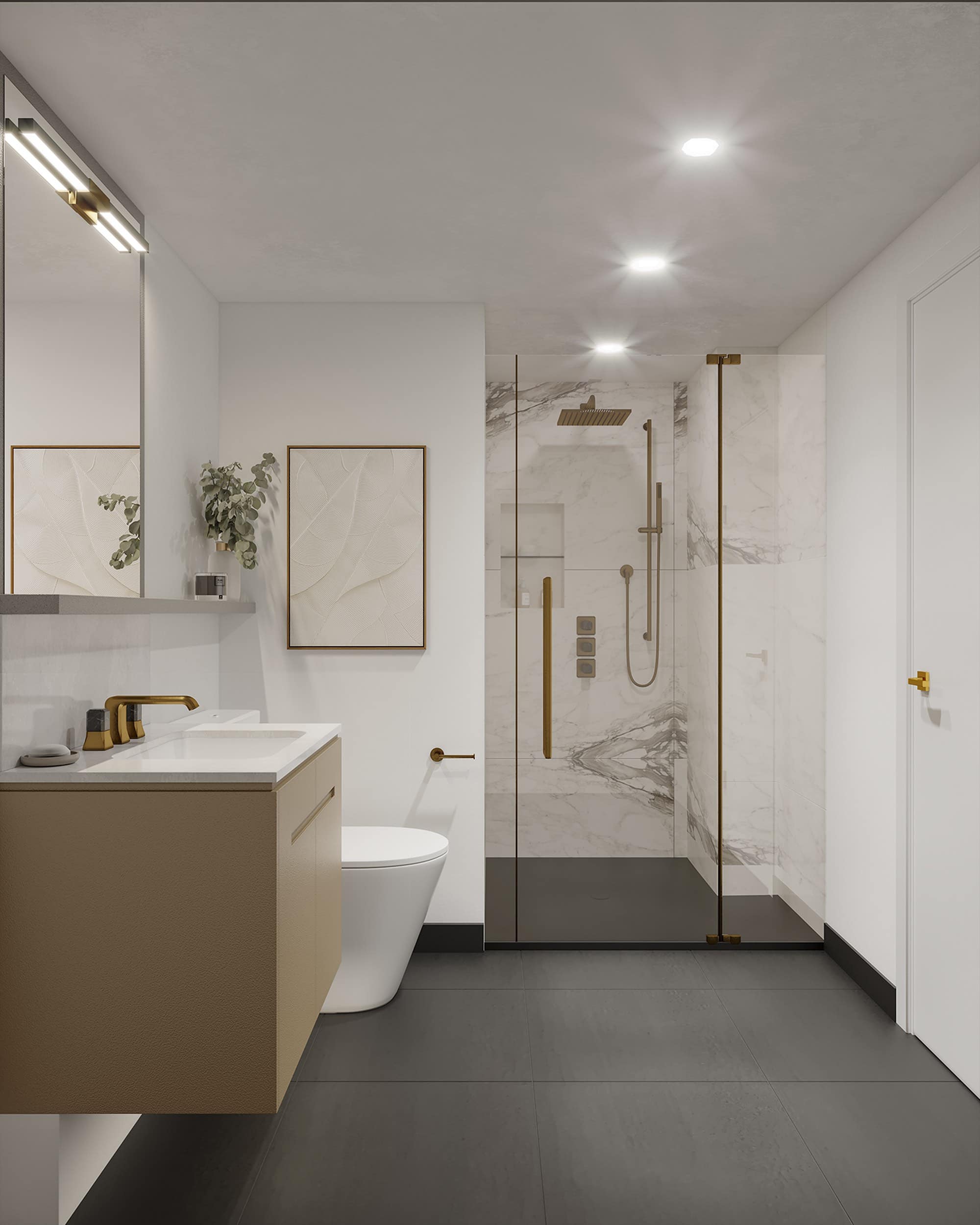 Marble bathroom with gold fixtures and walk-in shower at Italia by Solterra Vancouver