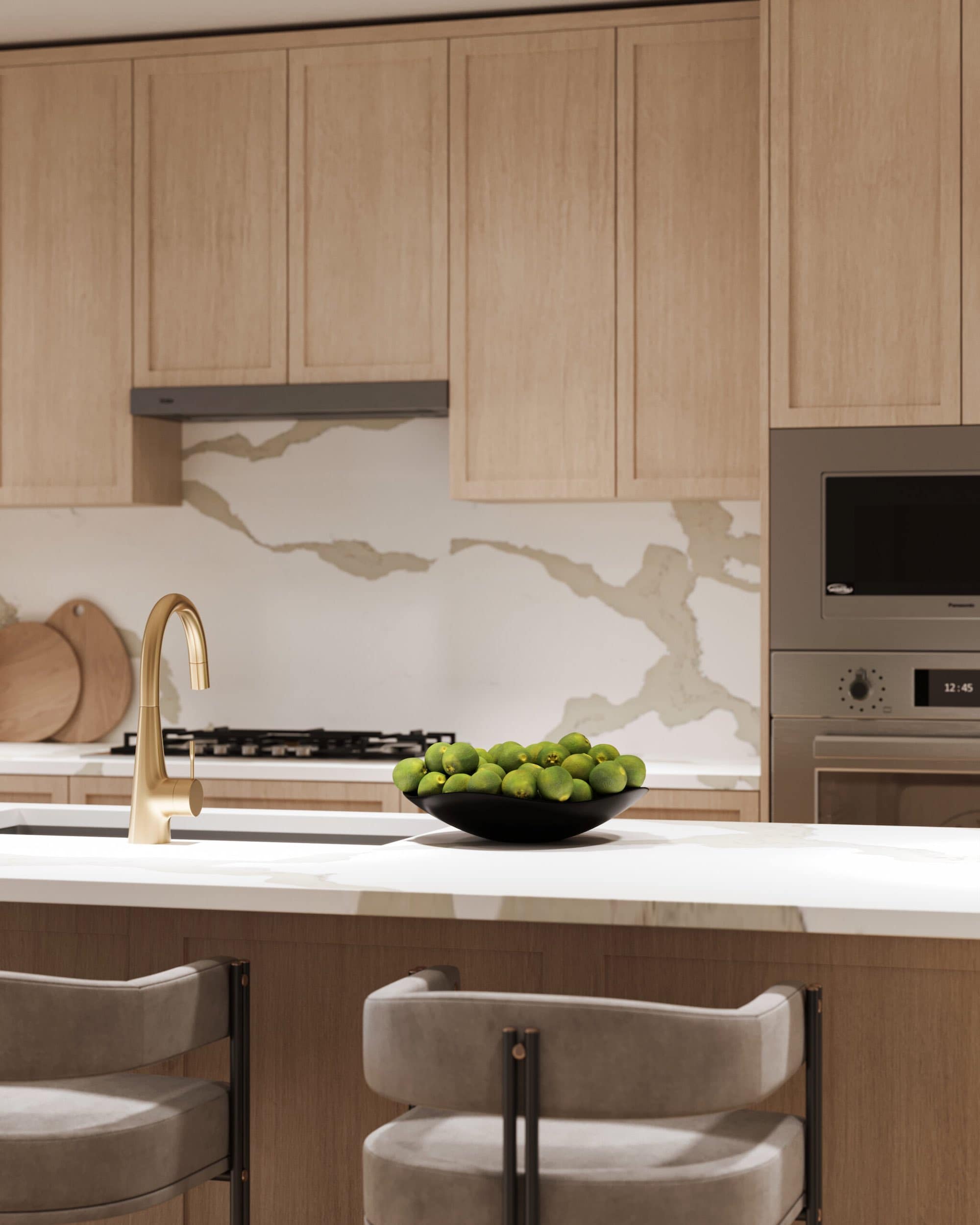 Kitchen interior rendering at Siena Burnaby by Landa Global Properties at 4451 Hastings Street in Burnabyโs Vancouver Heights neighbourhood. The kitchen features natural wood cabinetry