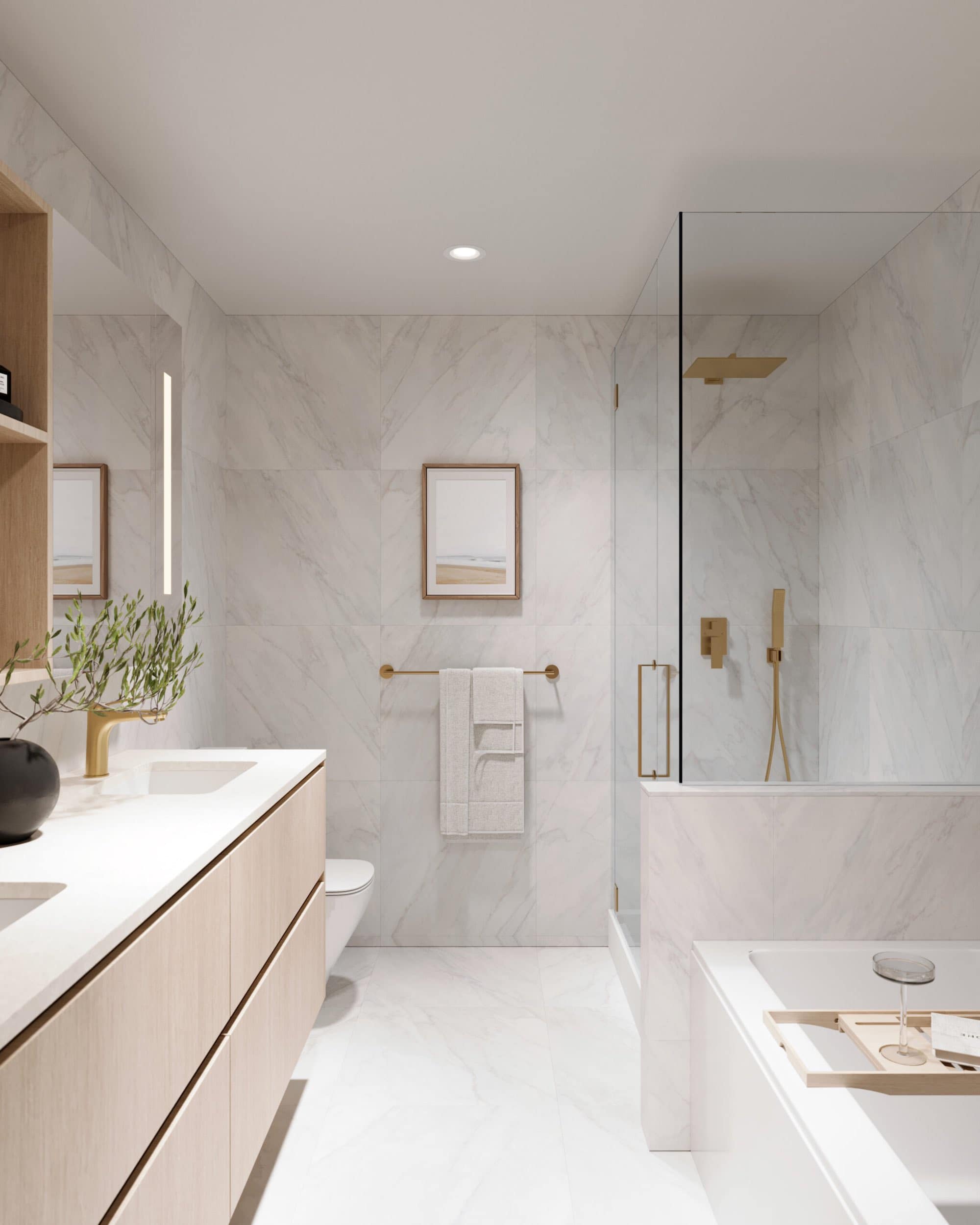 Spa-inspired bathroom interior at Siena Burnaby by Landa Global Properties at 4451 Hastings Street in Burnabyโs Vancouver Heights neighbourhood. The space features a floating wood double vanity