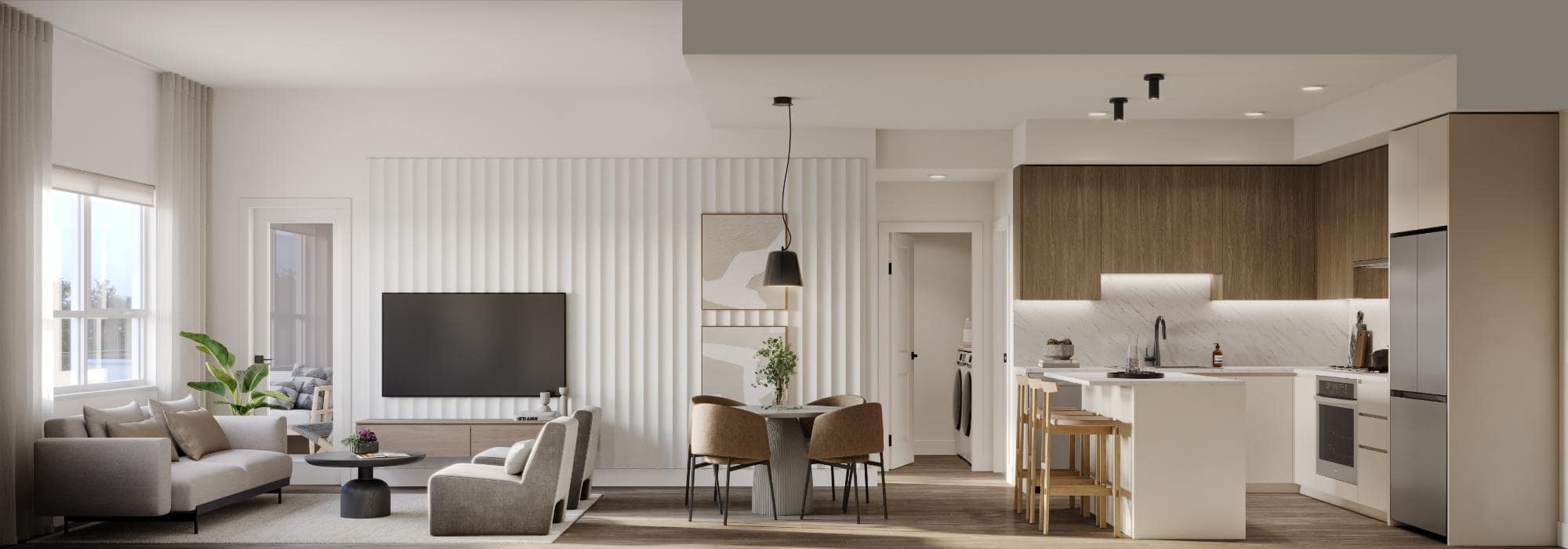 Open concept living room at Eden Langley with modern finishes, large windows, and neutral interior design by Zenterra in Willoughby
