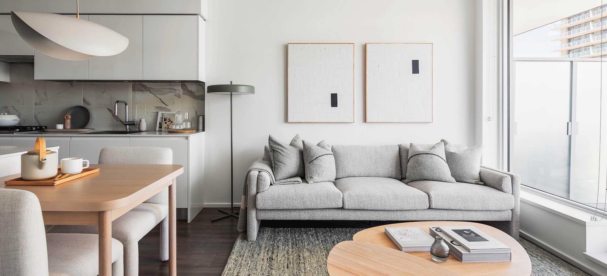Modern living space and kitchen at The City of Lougheed Burnaby