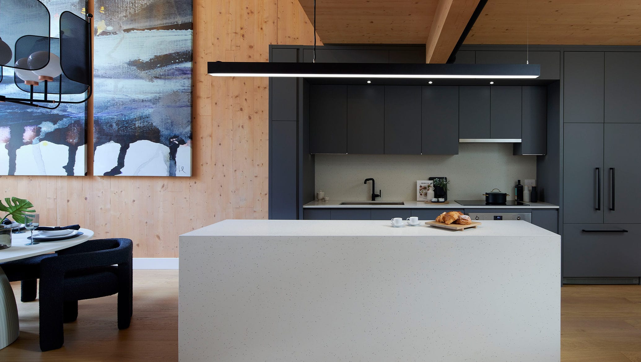 Modern kitchen with CLT ceiling at Timber House New Westminster by Aragon
