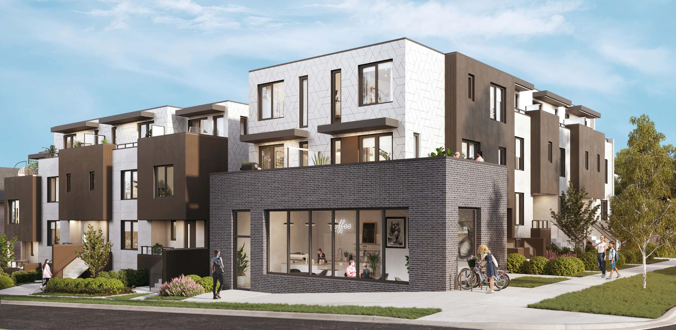 Street-level exterior rendering of Lakewood, a presale townhouse development by Dimex Group in Vancouverโs Grandview neighbourhood, featuring modern architecture, retail at grade, landscaped sidewalks, and contemporary faรงades at 2057 East 1st Avenue.