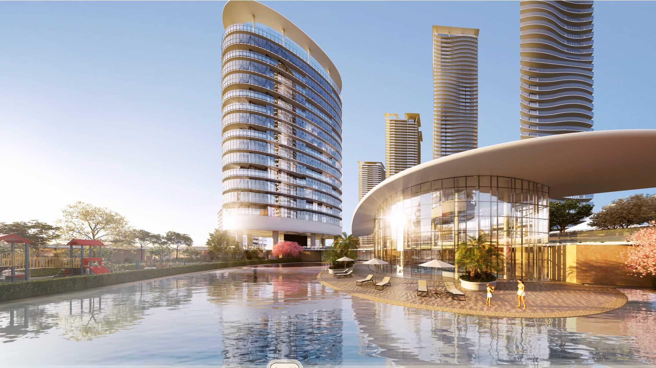 Lagoon pool and modern residential towers at Circle Brentwood in Burnaby