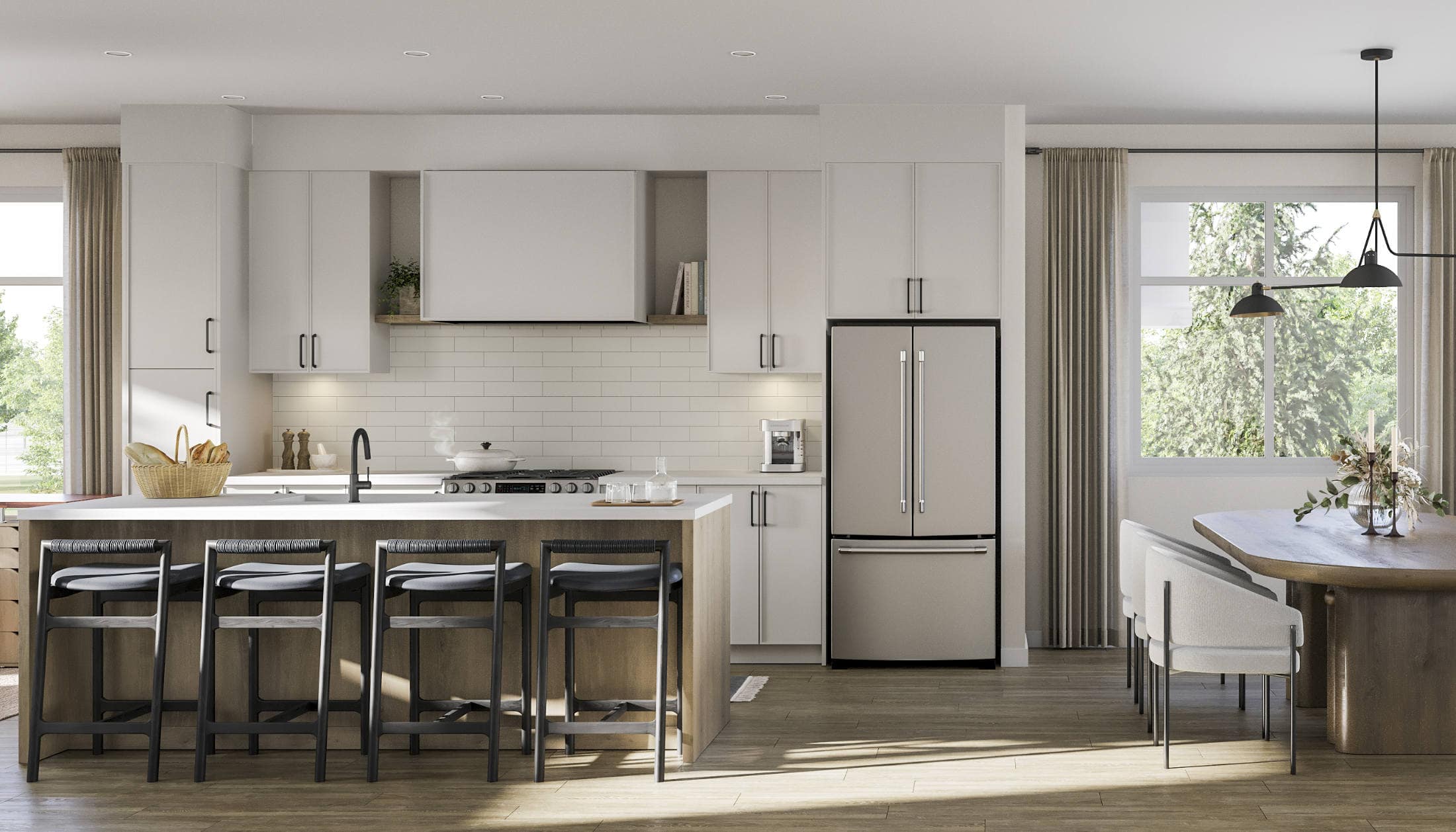 Contemporary kitchen at Rindall Port Coquitlam with quartz countertops, KitchenAid appliances, full-height cabinetry, and recessed lighting in a townhome by Woodbridge Homes.