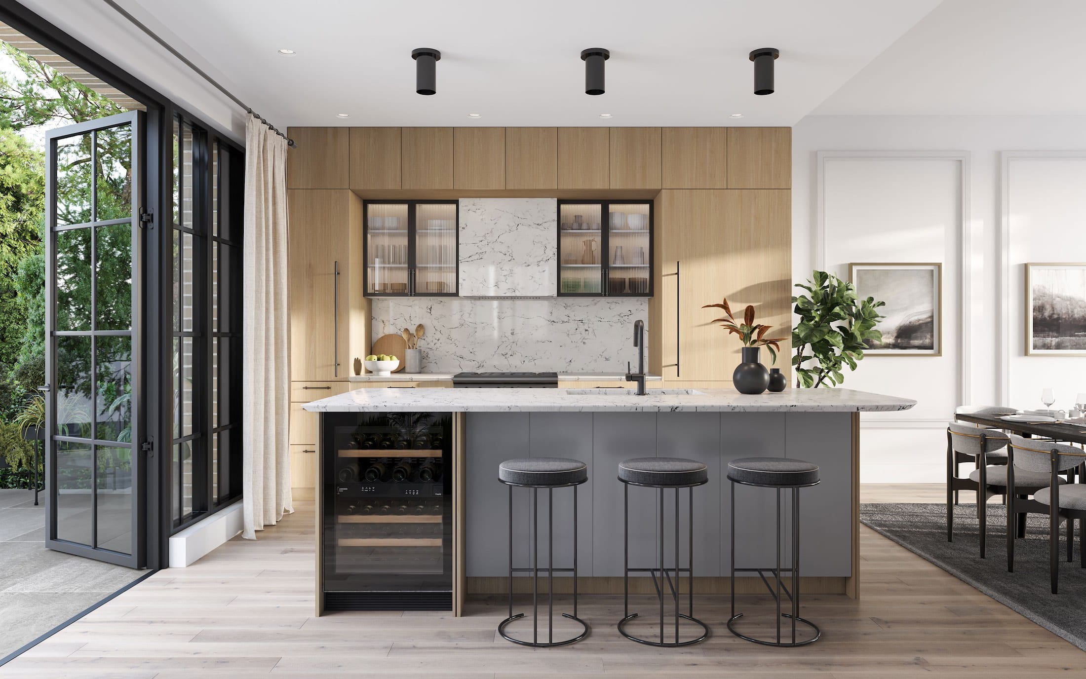Modern kitchen at King & Columbia Vancouver with marble island and Fisher & Paykel appliances