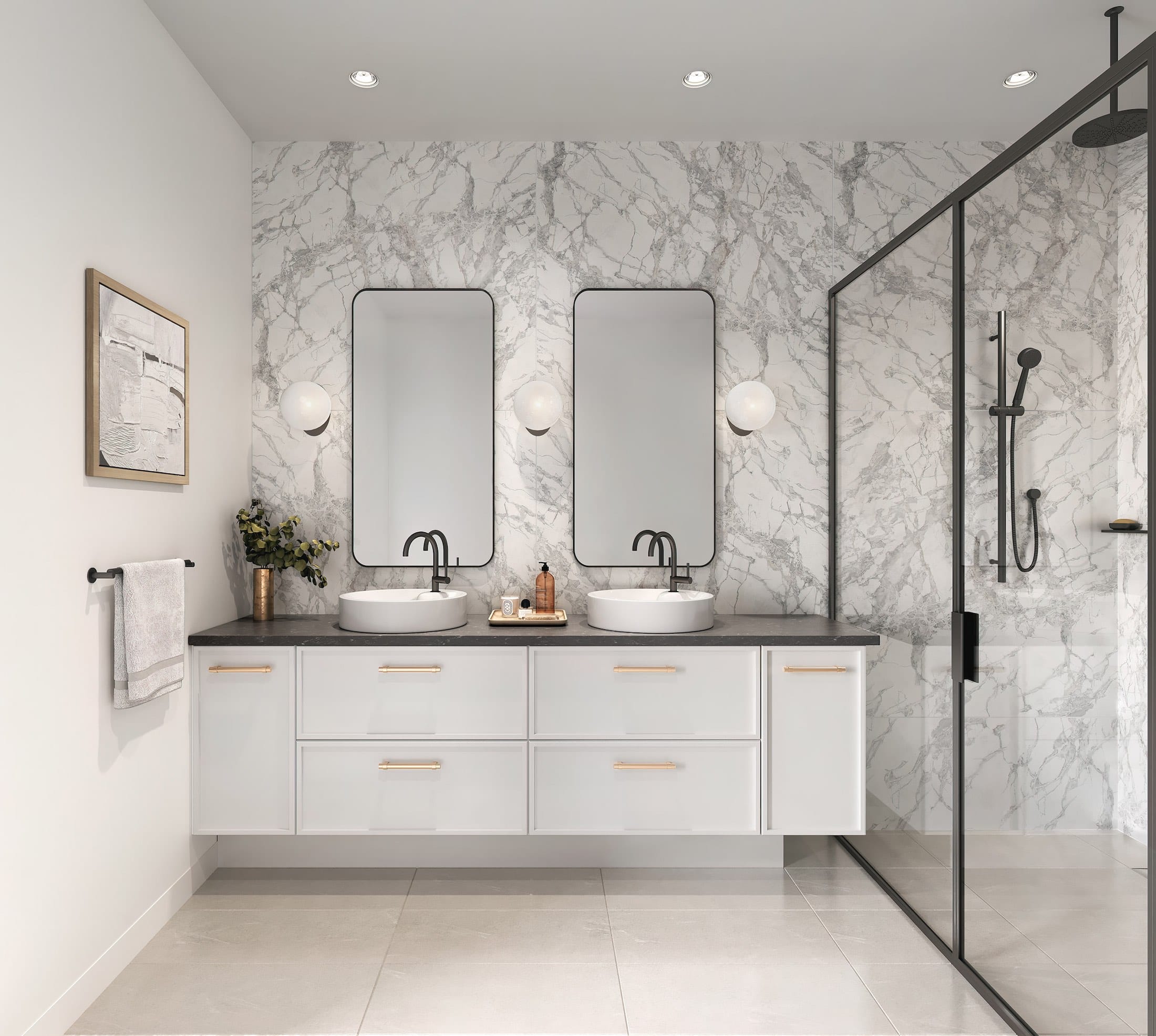 Spa-inspired ensuite at King & Columbia Vancouver with marble walls and Brizo fixtures