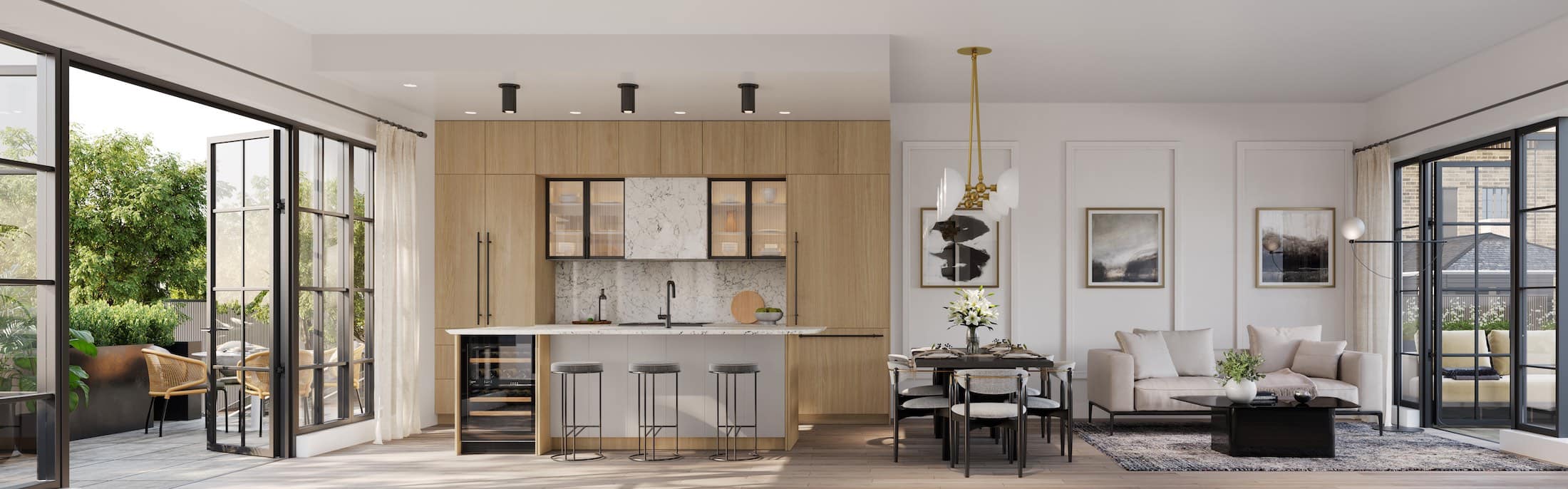Open-concept kitchen and living area at King & Columbia Vancouver