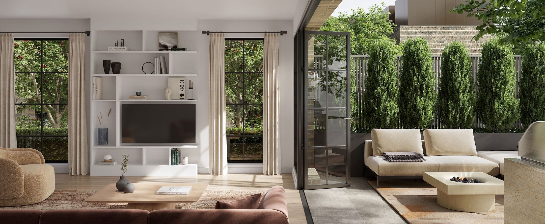 Bright living room at King & Columbia Vancouver opening to private courtyard