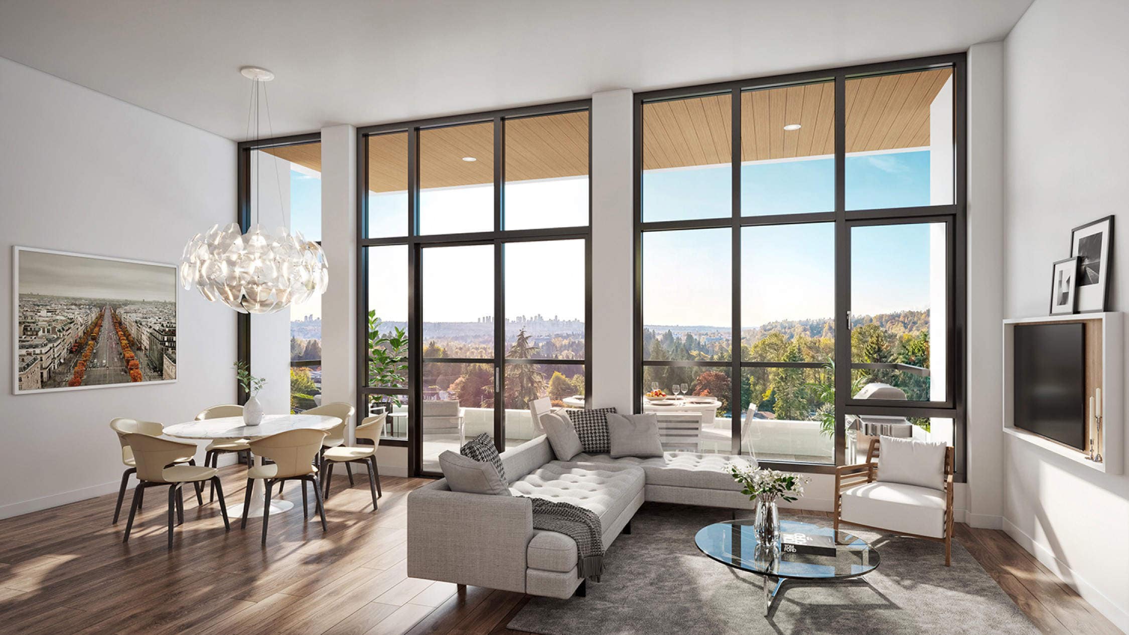 Open-concept living and dining area at Smith & Farrow Coquitlam West presale by Boffo Developments, located at 720 Farrow Street, featuring floor-to-ceiling windows, wide-plank flooring, modern furnishings, and expansive views toward surrounding greenery and the city skyline.