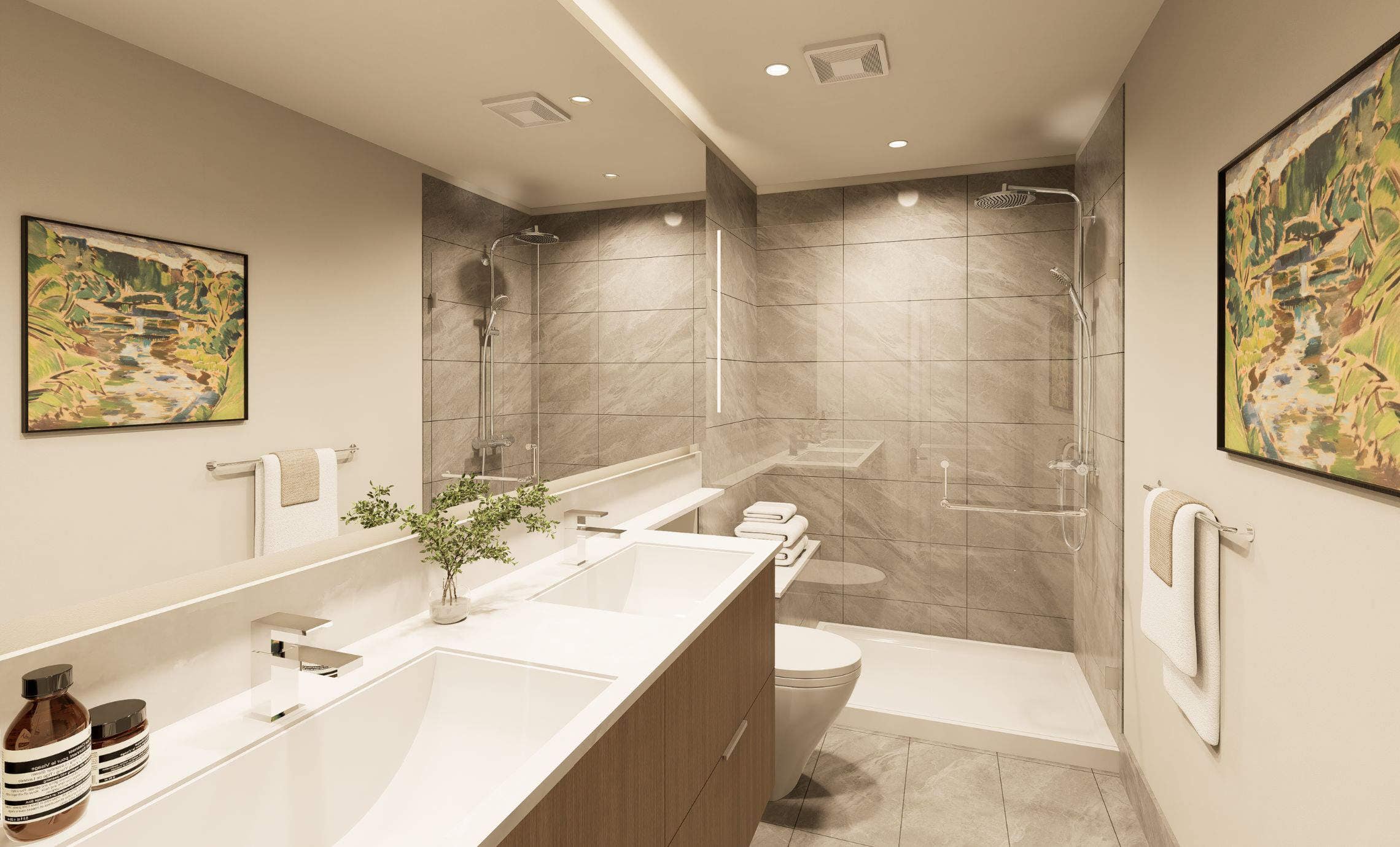 Interior bathroom rendering at Goldfinch presale development in Coquitlam West by Polygon, featuring a double vanity, quartz countertops, modern fixtures, large-format tile walls, and a glass-enclosed walk-in shower.