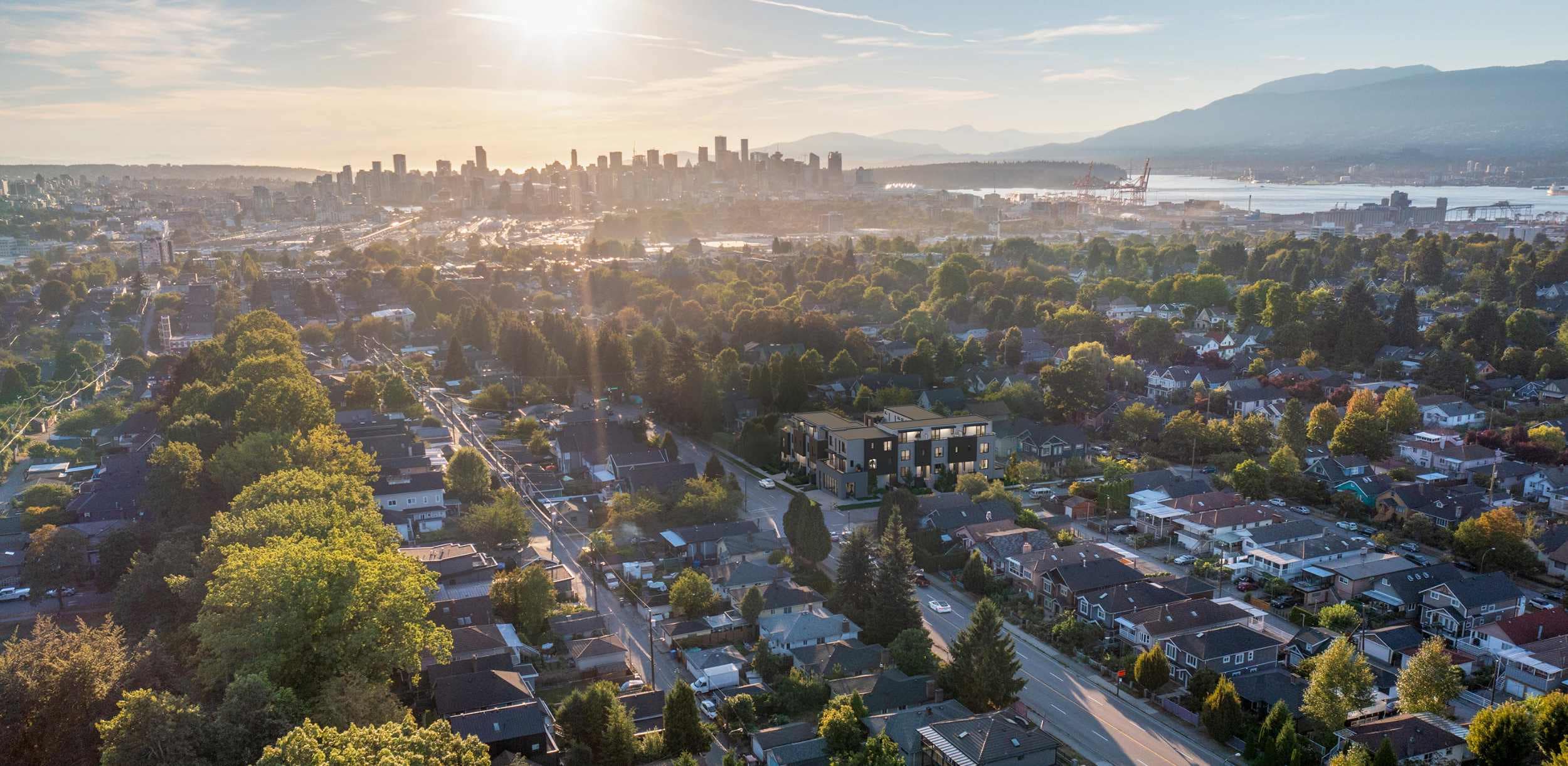 Aerial view showing Lakewood presale development by Dimex Group within Vancouverโs Grandview neighbourhood, highlighting its residential setting, surrounding tree-lined streets, and proximity to East Vancouver and downtown at 2057 East 1st Avenue.