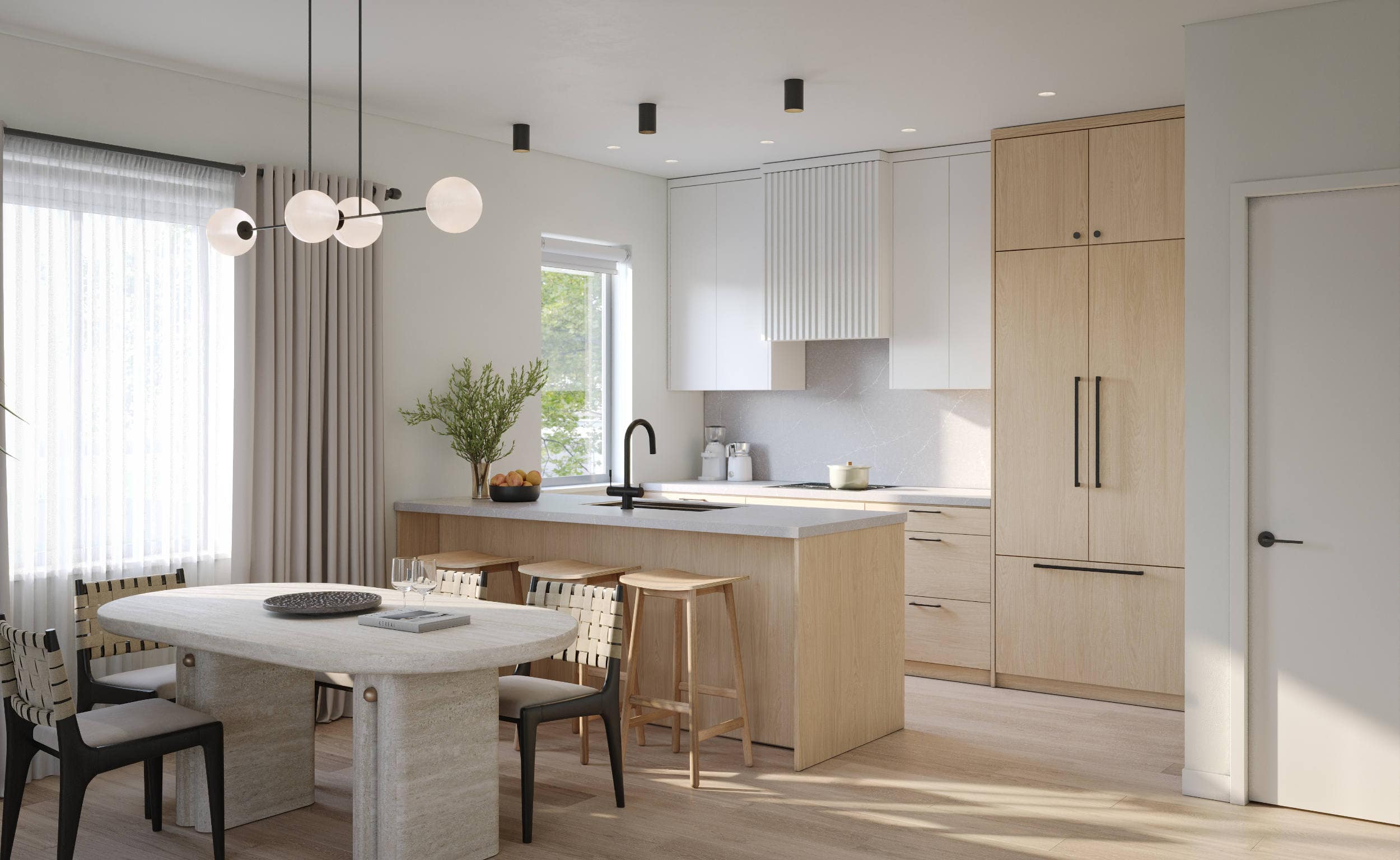 Open-concept kitchen and dining area at Quintet Vancouver East with wood cabinetry, quartz countertops, island seating, and modern lighting designed by THT Properties.
