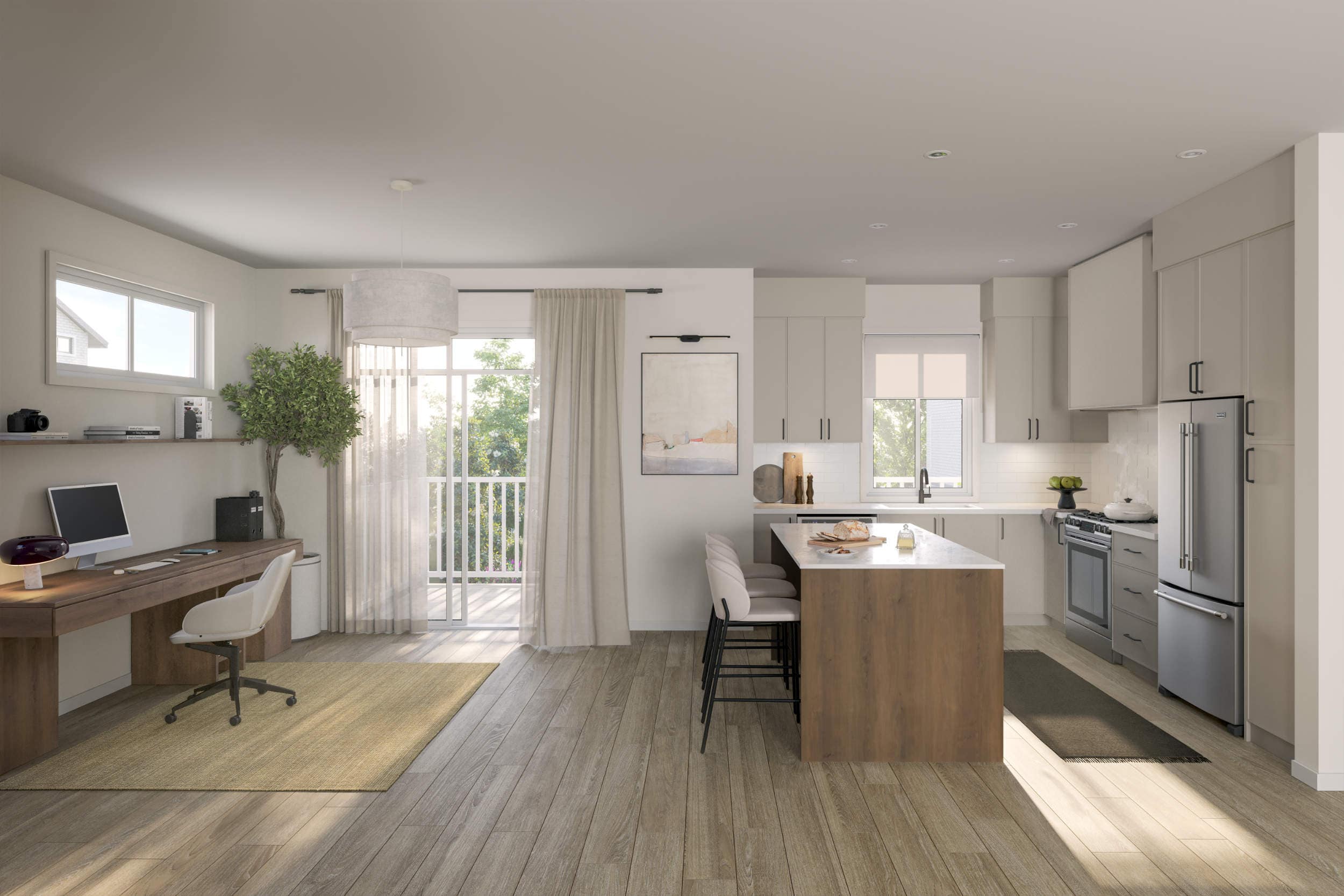 Open-concept kitchen and dining area at Rindall Port Coquitlam featuring a central island, modern cabinetry, premium appliances, and balcony access in a Woodbridge townhome.