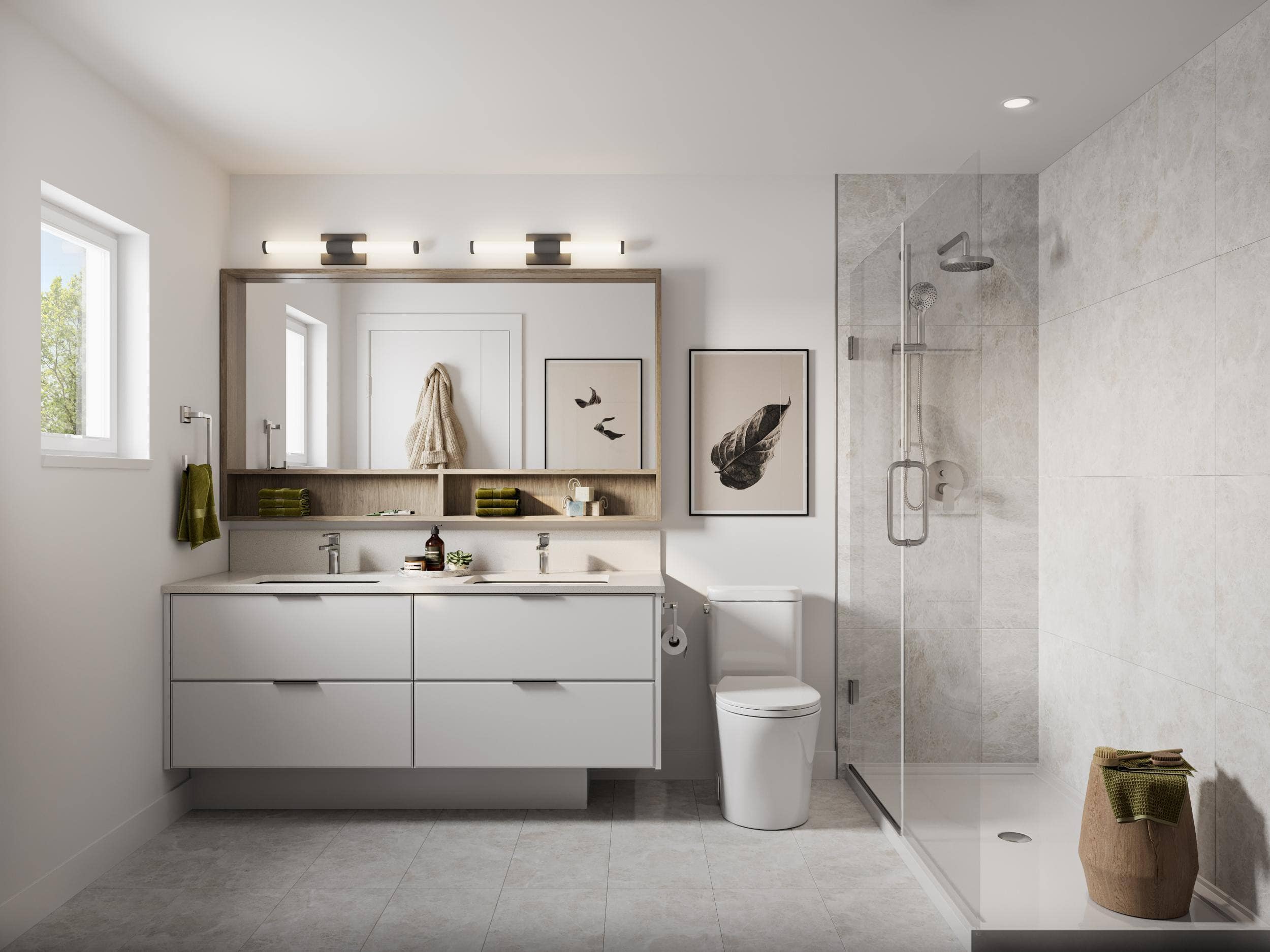 Contemporary bathroom at Nature Haus Fleetwood featuring double vanity, glass shower, and modern fixtures at 16487 89 Avenue Surrey by Isle of Mann Property Group
