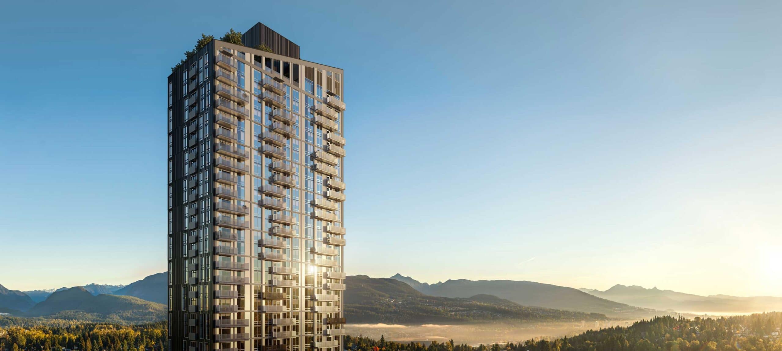 Olo Coquitlam condo tower by Rize at 616 Kemsley Avenue featuring glass balconies and expansive mountain views, showcasing a modern high-rise design in the Burquitlam skyline