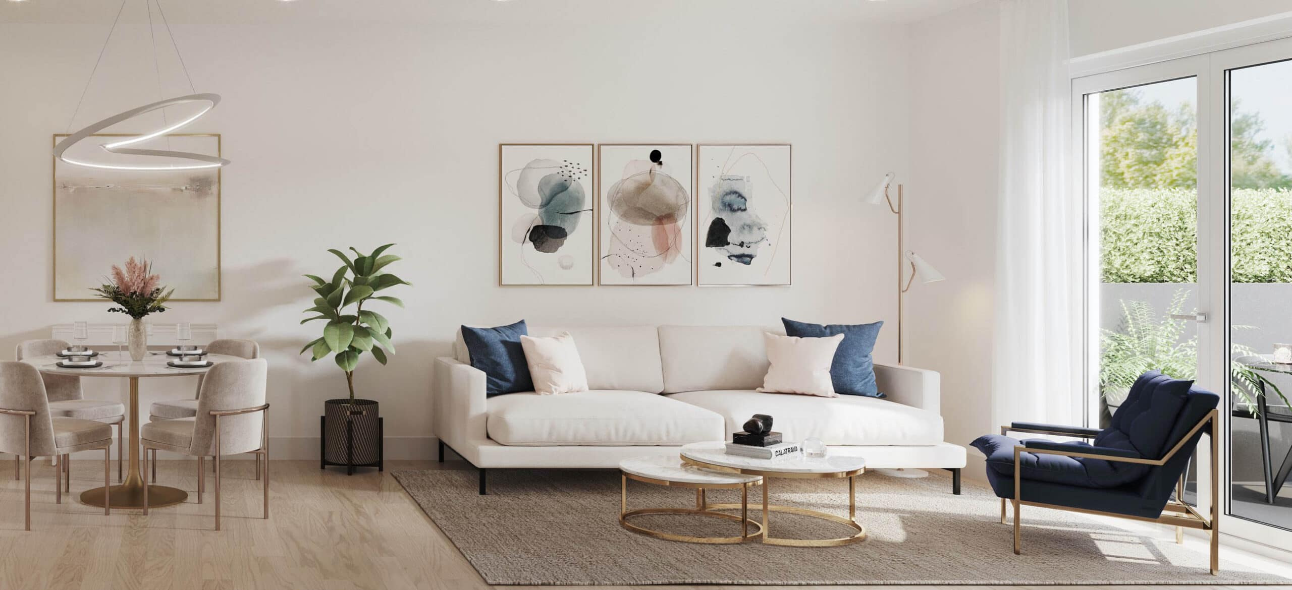 Bright open-plan living and dining area inside Lakewood presale homes in Vancouverโs Grandview neighbourhood, developed by Dimex Group, featuring large windows, modern lighting, neutral finishes, and access to outdoor space at 2057 East 1st Avenue.