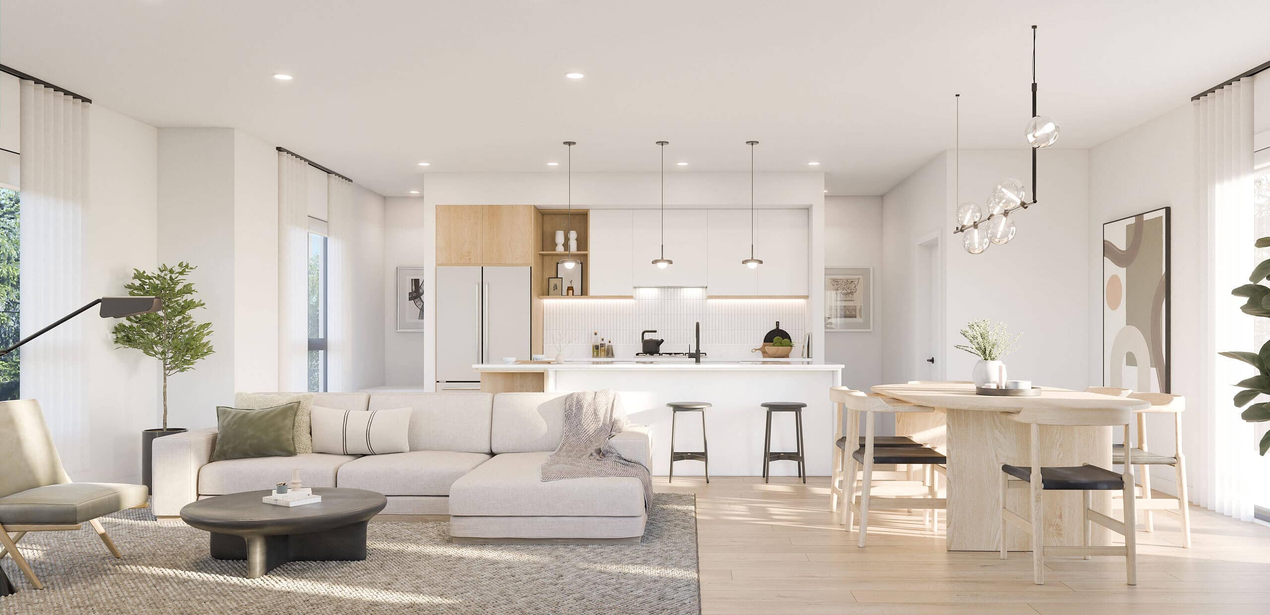 Open concept kitchen and living room interior at Mercer Village New Westminster by Domus Homes at 388 Duncan Street in Queensborough. The bright modern space features contemporary cabinetry