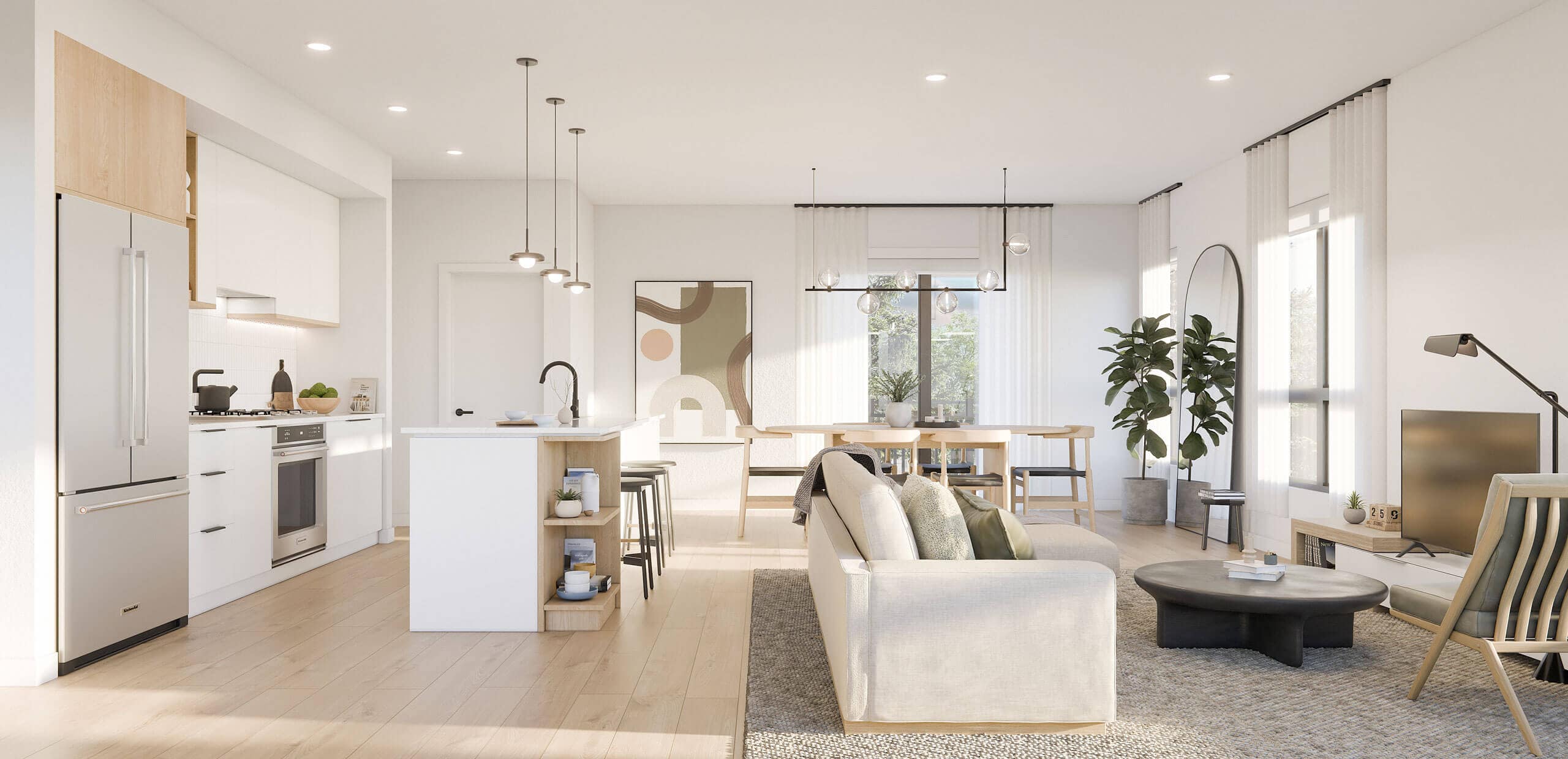 Bright open concept living space inside Mercer Village New Westminster
