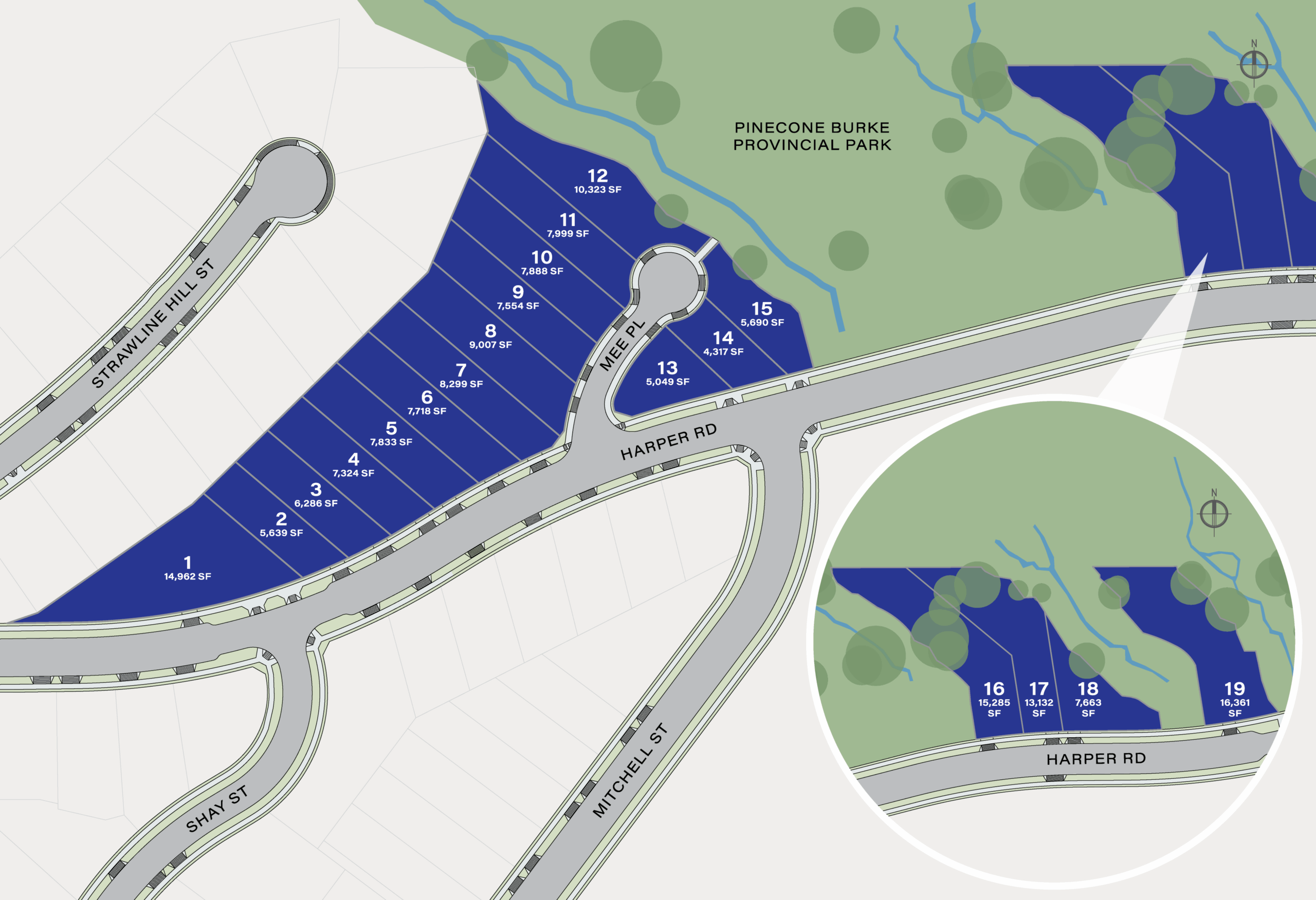 Site plan of Timber's Edge Burke Mountain in Coquitlam by Foxridge Homes showing lot layout, lot sizes, cul-de-sacs, and proximity to Pinecone Burke Provincial Park