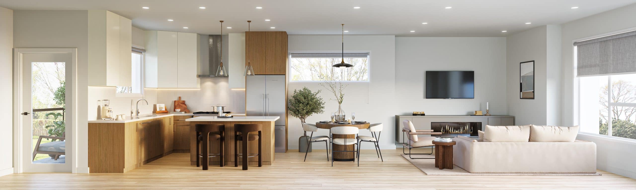 Open-concept kitchen and living room rendering at Park Avenue Langley by Apcon Group showing wood cabinetry, large island, modern lighting, and spacious living area at 7946 204 Street in Langley.