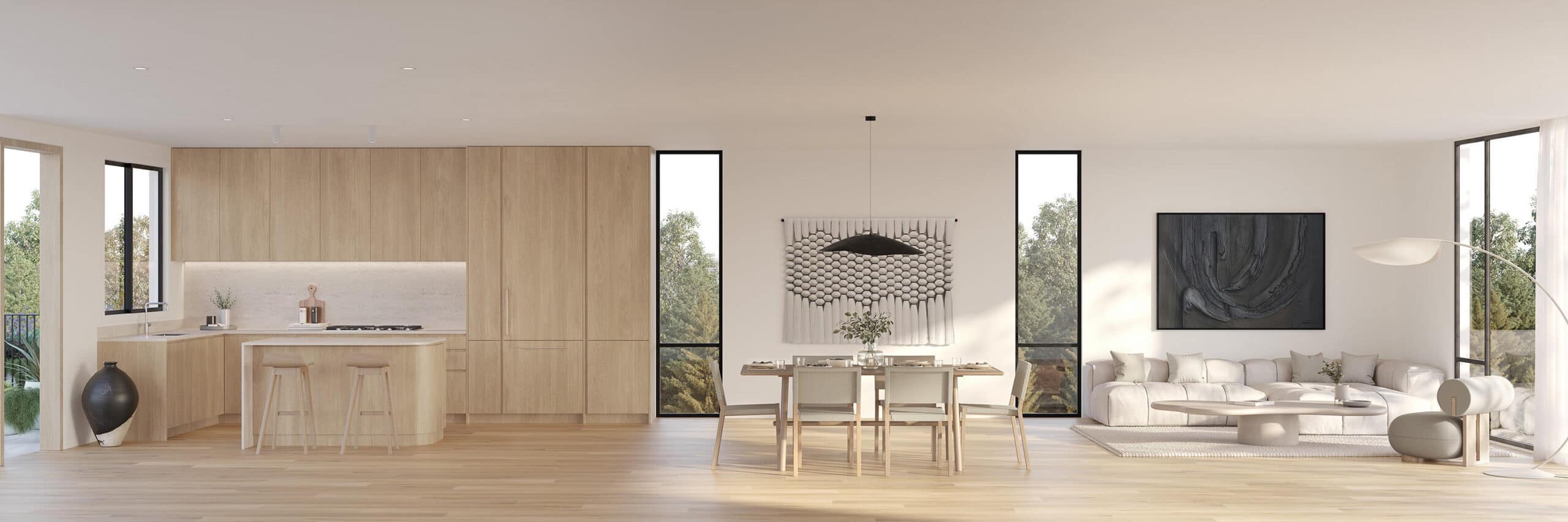Open-concept living and kitchen space at The Cut with large windows and modern finishes.