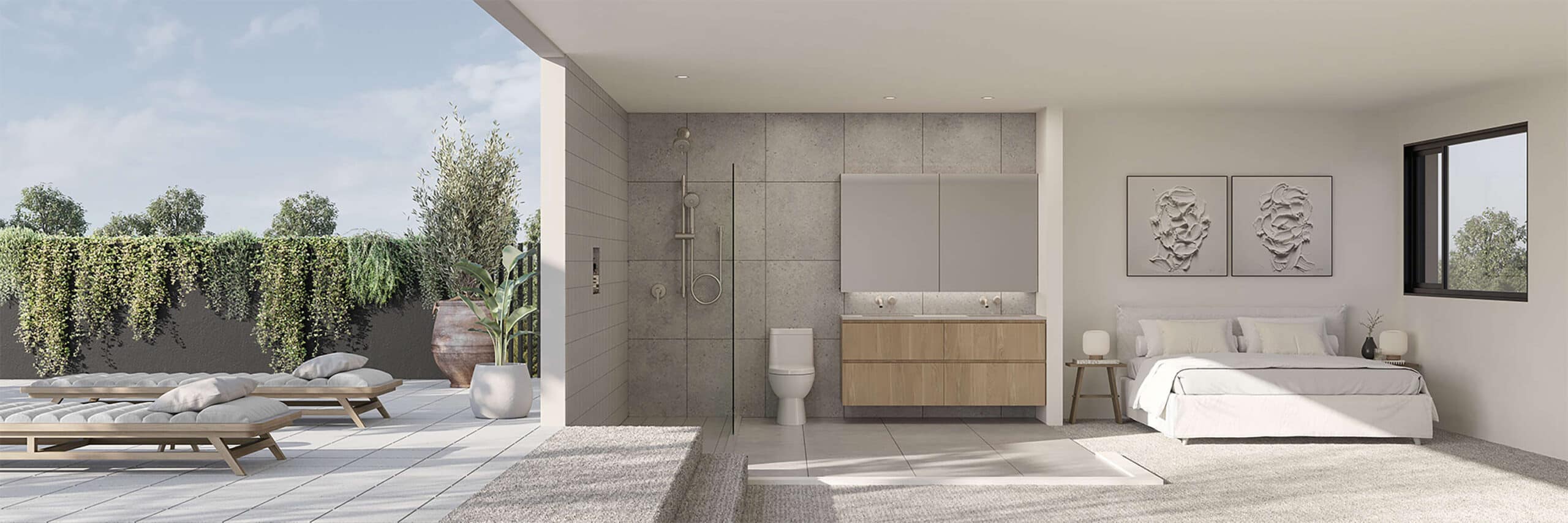 Primary bedroom and ensuite at The Cut opening to a private terrace in Renfrew Heights.