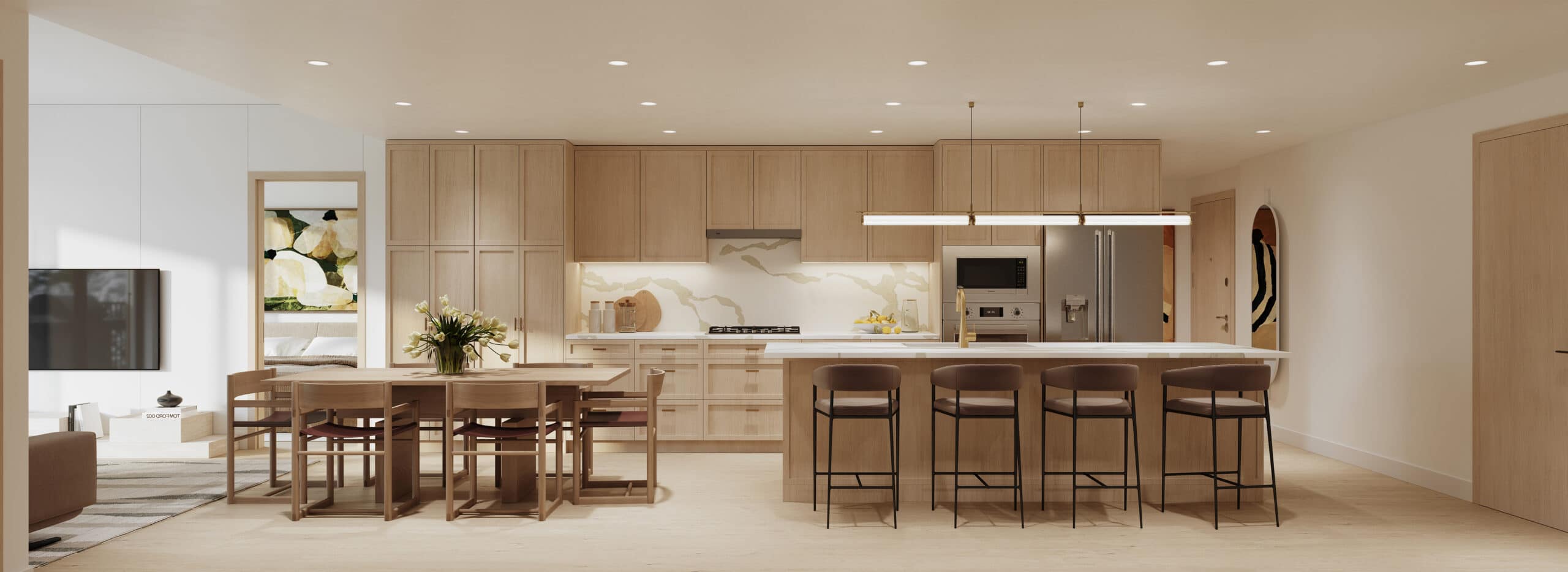 Open kitchen and dining space inside Siena Burnaby by Landa Global Properties located at 4451 Hastings Street in Burnabyโs Vancouver Heights neighbourhood. The rendering highlights extensive cabinetry