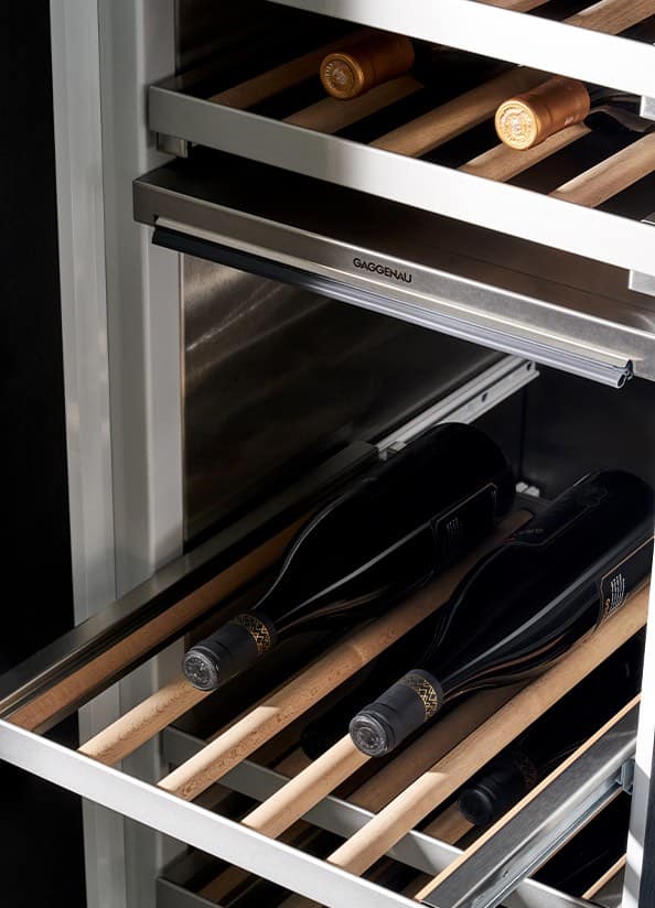 Gaggenau wine fridge with wooden shelving in Tesoro Vancouver condo