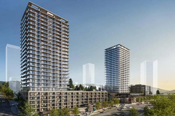 Street-level perspective of 1 Market Square Port Moody by Wesgroup at 220 Guildford Drive, featuring active retail frontage, pedestrian walkways, landscaped streetscape, and residential towers in Port Moody North Shore.