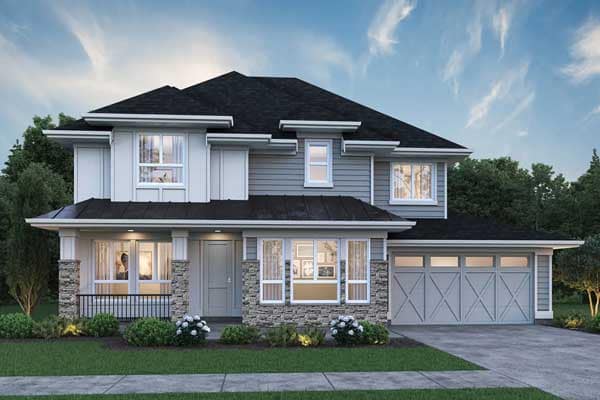 Luxury single-family home exterior at Brookswood Estates Langley by Foxridge Homes featuring modern farmhouse architecture, stone detailing, covered front porch, and double garage at 20826 34A Avenue in Langley.