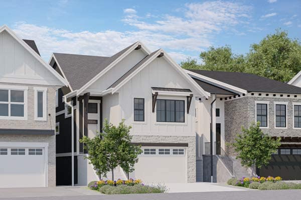 Front elevation rendering of Cedarbrook townhomes in Chilliwack Mountain, showing modern West Coast–inspired architecture with pitched rooflines, mixed siding and brick finishes, black-framed windows, landscaped frontage, and attached garages at 45434 Willowstream Road in Chilliwack, developed by Westbow.