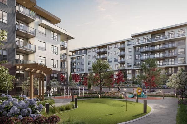Outdoor courtyard at Eden Langley in Willoughby featuring landscaped green space, seating, and play areas within the Zenterra development