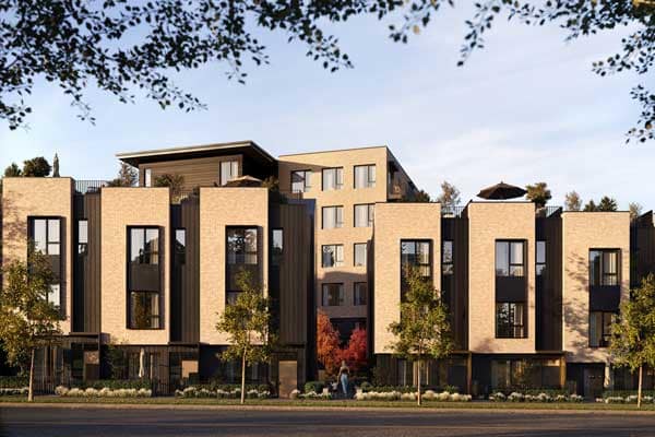 Exterior street view of Koen presale development in Burnaby’s Metrotown neighbourhood by Beddie Living located at 7232 Macpherson Avenue, showing contemporary mid-rise architecture with light brick facade, dark metal cladding, large windows, landscaped boulevard trees, and modern urban design typical of Koen Metrotown residences.