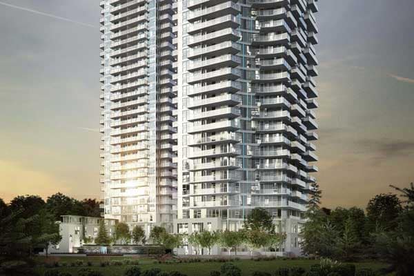 Exterior view of Park George 2 Surrey high-rise towers developed by Concord Pacific located at 13768 100 Avenue in Whalley, featuring modern glass architecture, expansive balconies, landscaped grounds, and a prominent presence in Surrey’s growing urban skyline