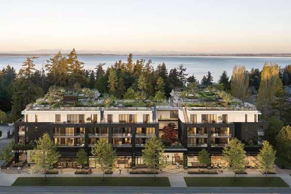 Rockford Ocean Park exterior with rooftop gardens and ocean backdrop at 1651 128 Street South Surrey